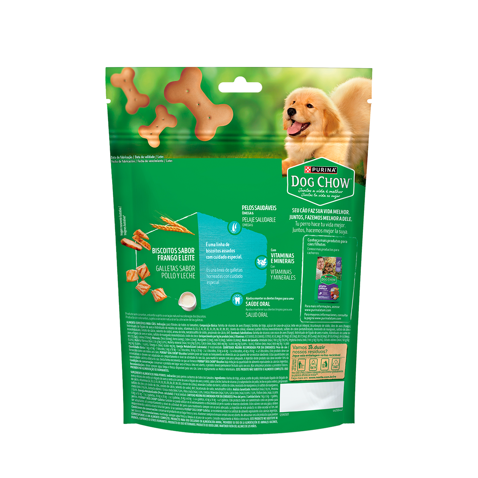 Embalagem de DOG CHOW® Biscoitos para Cão Filhote todos os tamanhos sabor frango & leite, vista traseira