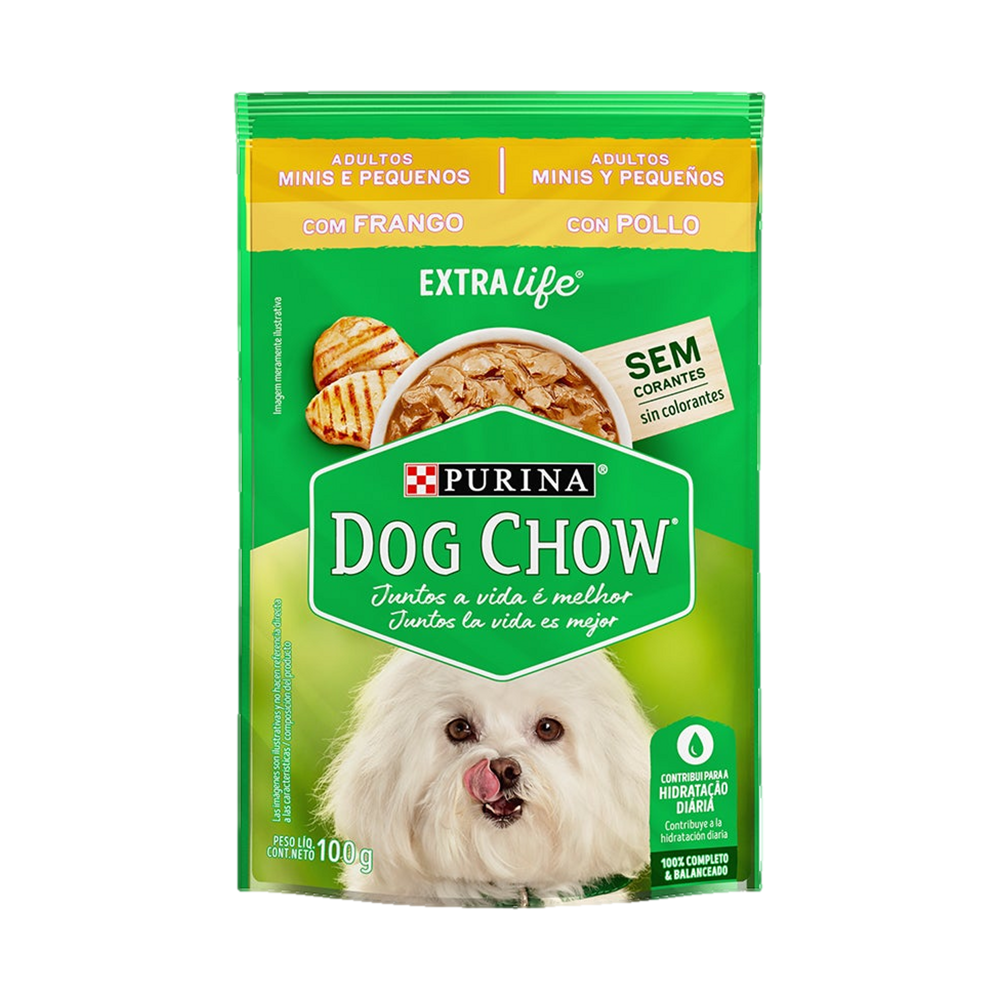 Embalagem de DOG CHOW® ExtraLife® Ração Úmida para Cão Adulto minis e pequenos sabor frango, vista frontal