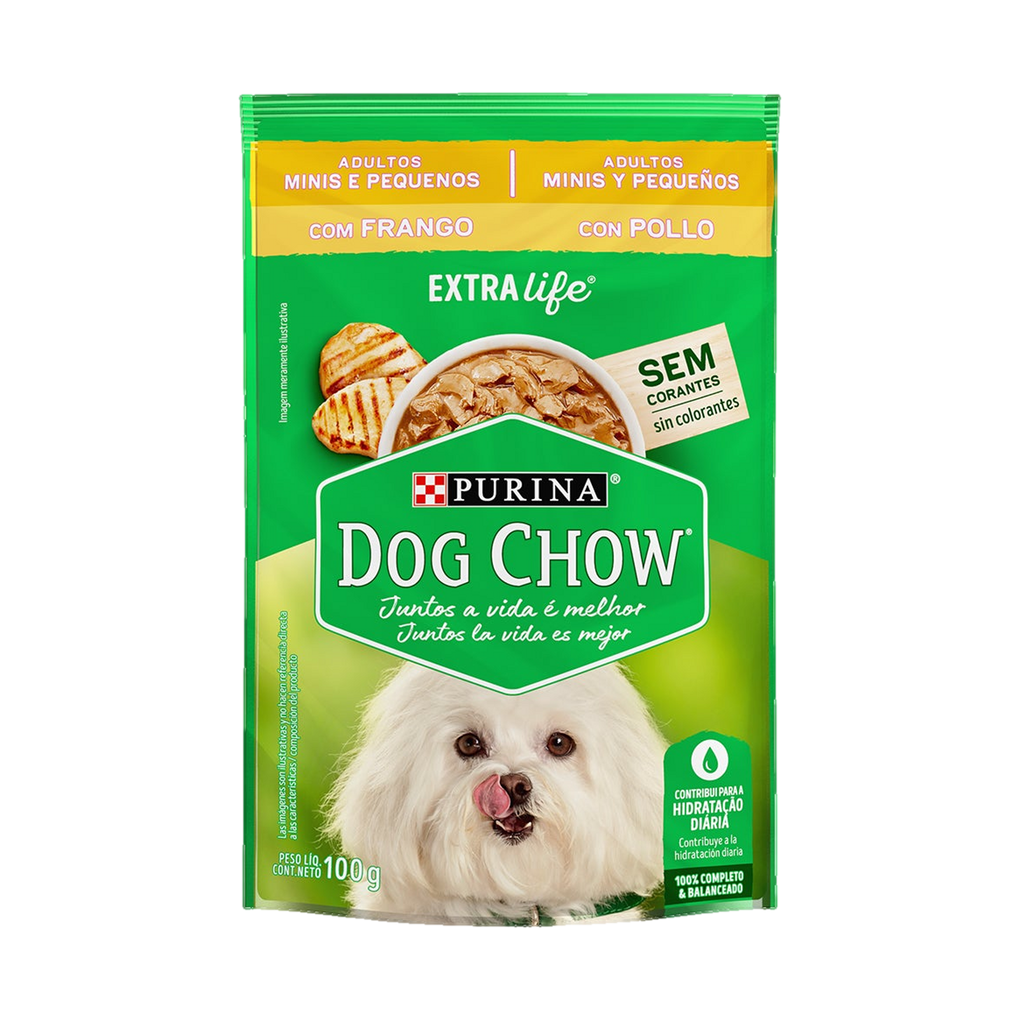 Embalagem de DOG CHOW® ExtraLife® Ração Úmida para Cão Adulto minis e pequenos sabor frango, vista frontal