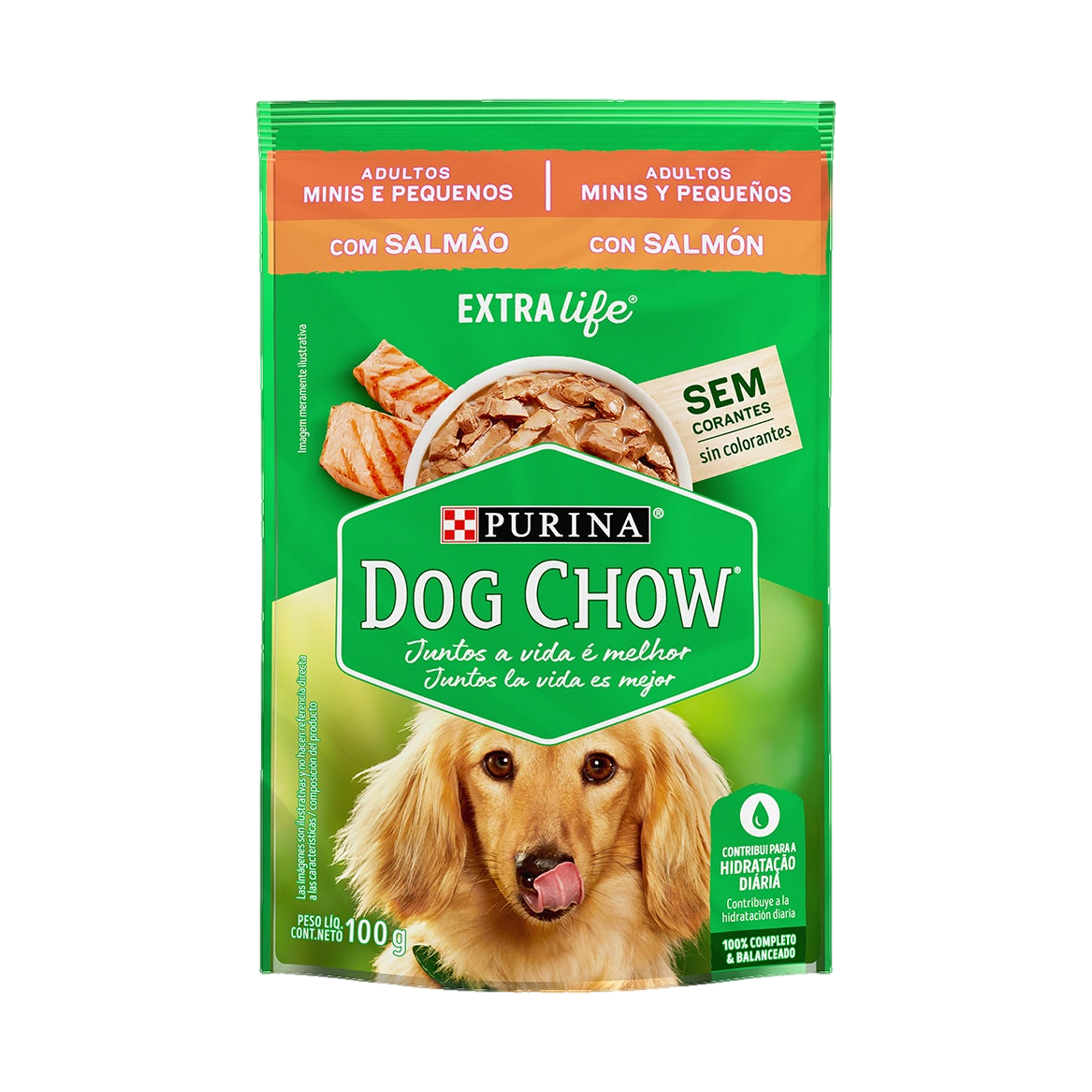 Embalagem de DOG CHOW® ExtraLife® Ração Úmida para Cão Adulto minis e pequenos sabor salmão, vista frontal