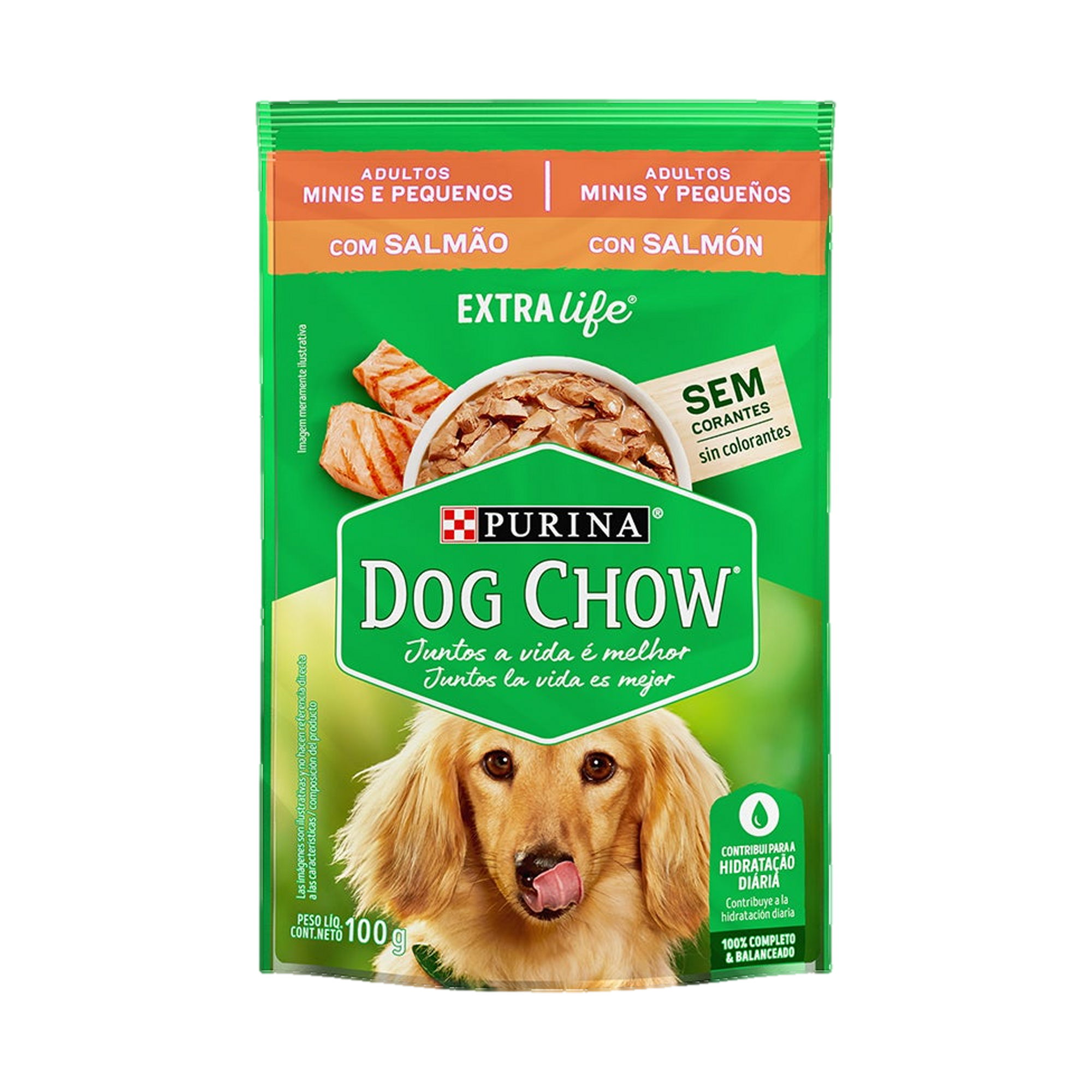 Embalagem de DOG CHOW® ExtraLife® Ração Úmida para Cão Adulto minis e pequenos sabor salmão, vista frontal