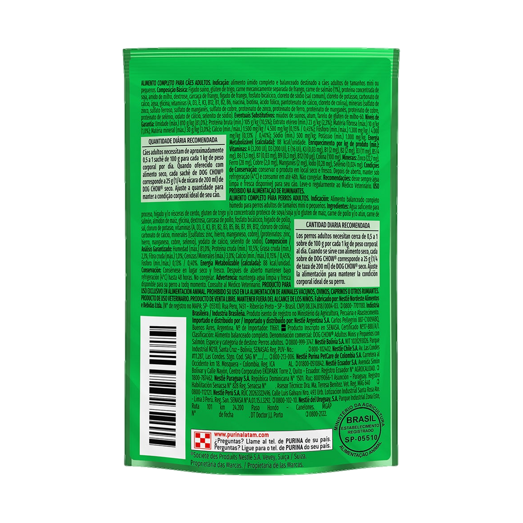 Embalagem de DOG CHOW® ExtraLife® Ração Úmida para Cão Adulto minis e pequenos sabor salmão, vista traseira
