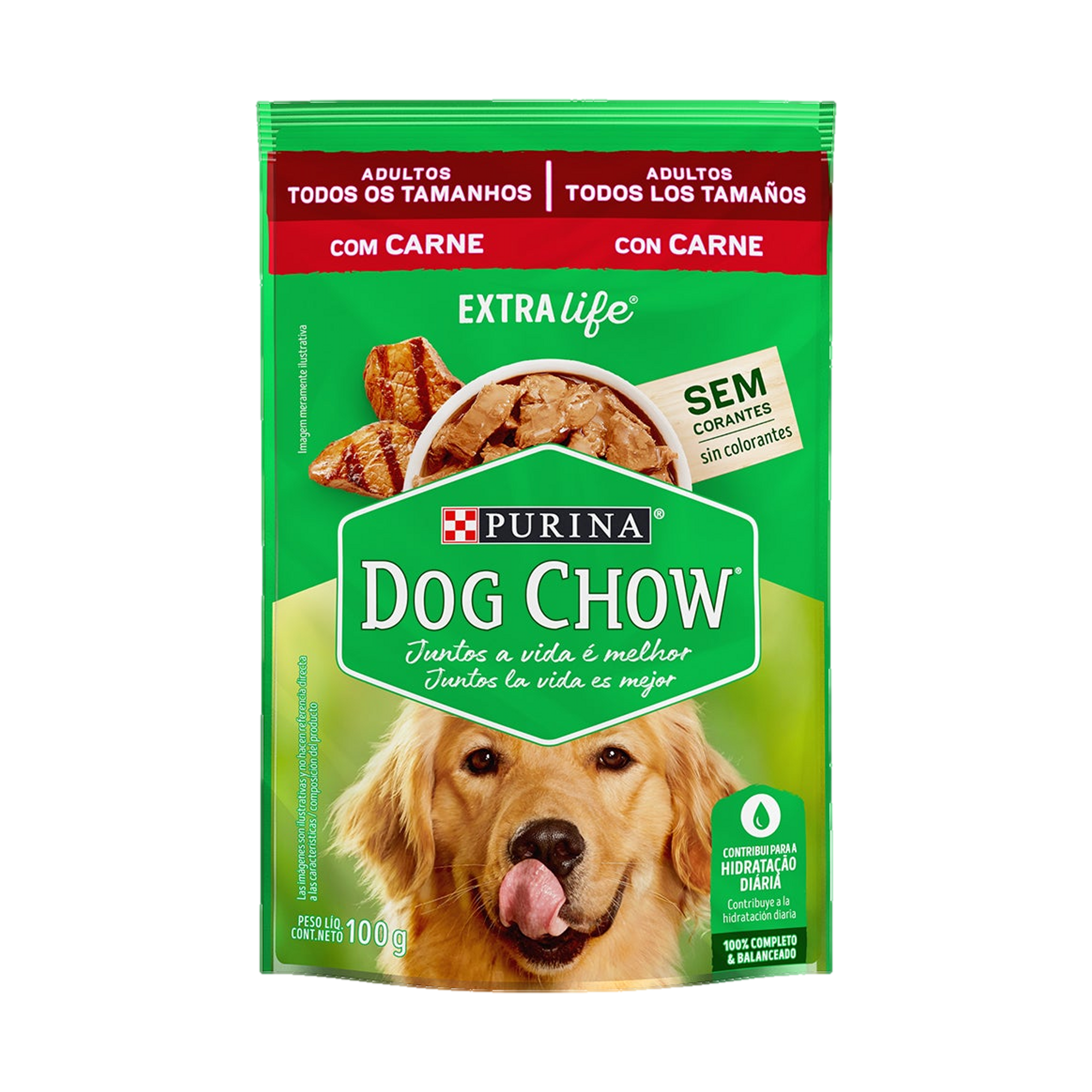Embalagem de DOG CHOW® ExtraLife® Ração Úmida para Cão Adulto todos os tamanhos sabor carne, vista frontal