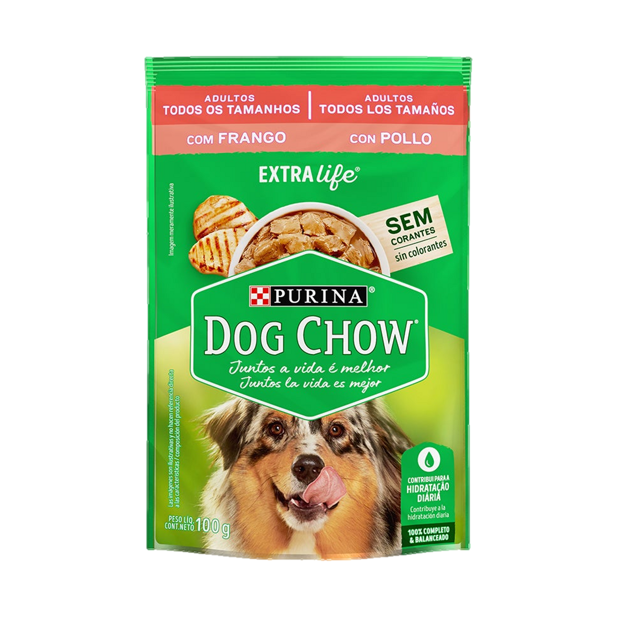 Embalagem de DOG CHOW® ExtraLife® Ração Úmida para Cão Adulto todos os tamanhos sabor frango, vista frontal