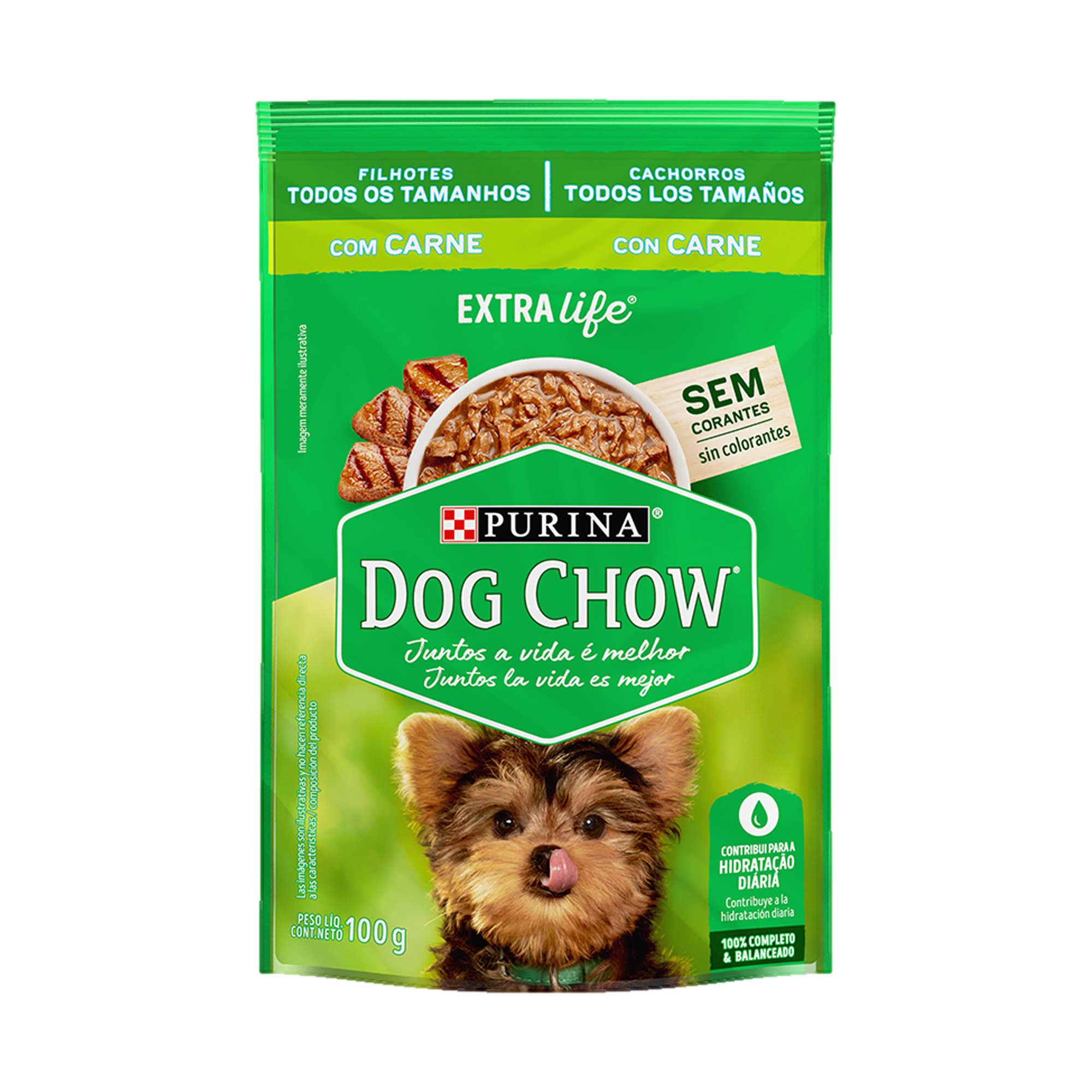 Embalagem de DOG CHOW® ExtraLife® Ração Úmida para Cão Filhote todos os tamanhos sabor carne, vista frontal