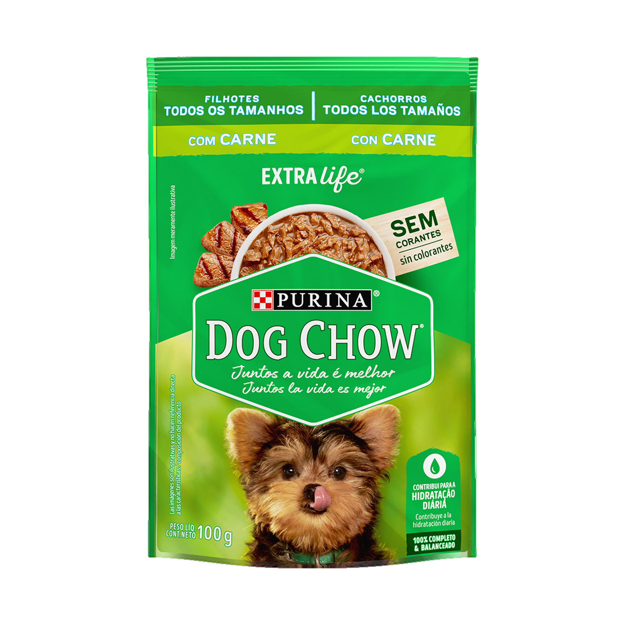 Embalagem de DOG CHOW® ExtraLife® Ração Úmida para Cão Filhote todos os tamanhos sabor carne, vista frontal