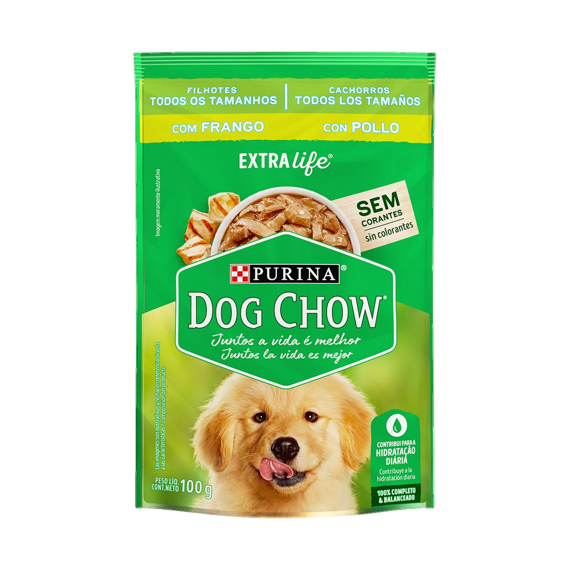 Embalagem de Dog Chow ExtraLife Sachê para Cães Filhotes Sabor Frango, vista frontal
