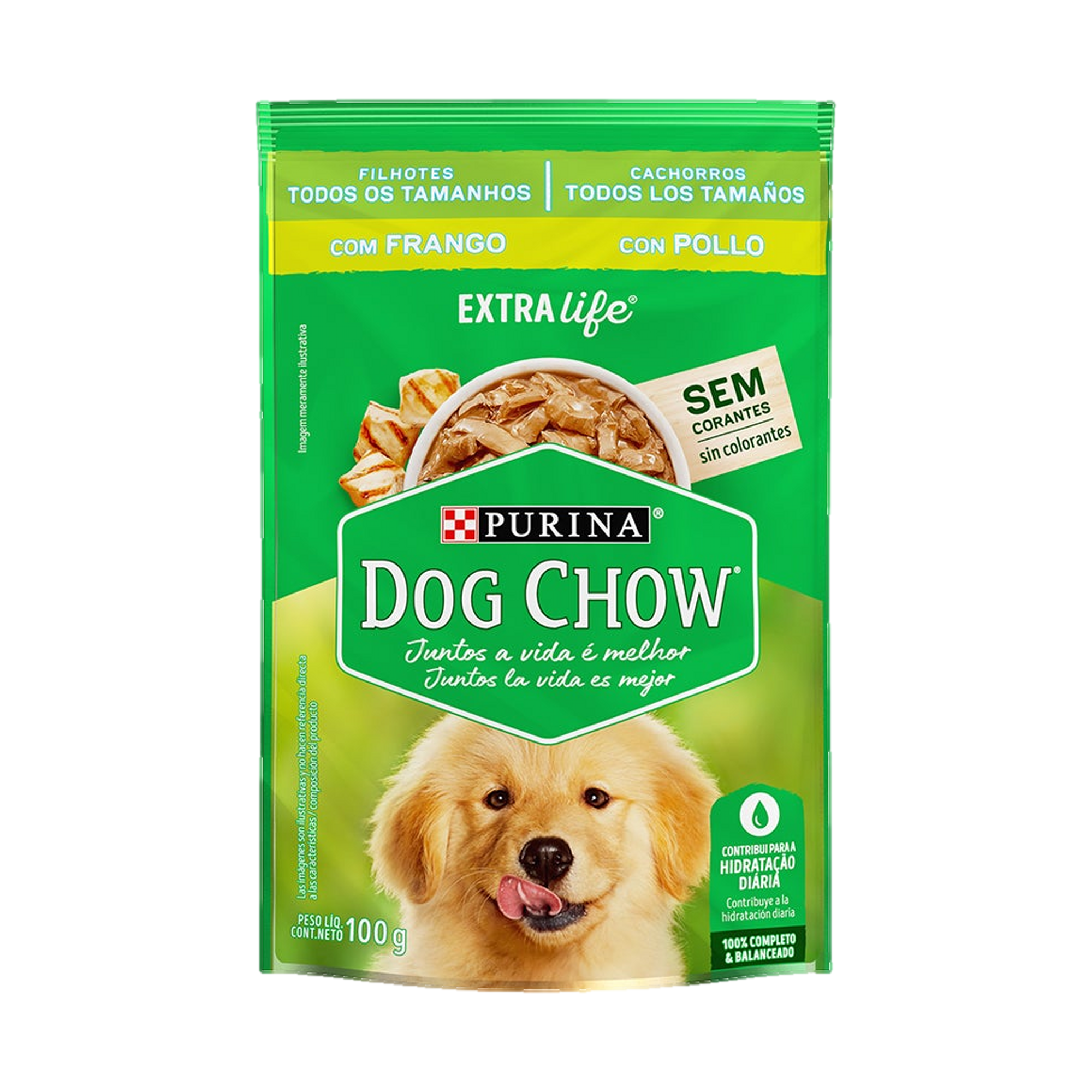 Embalagem de Dog Chow ExtraLife Sachê para Cães Filhotes Sabor Frango, vista frontal
