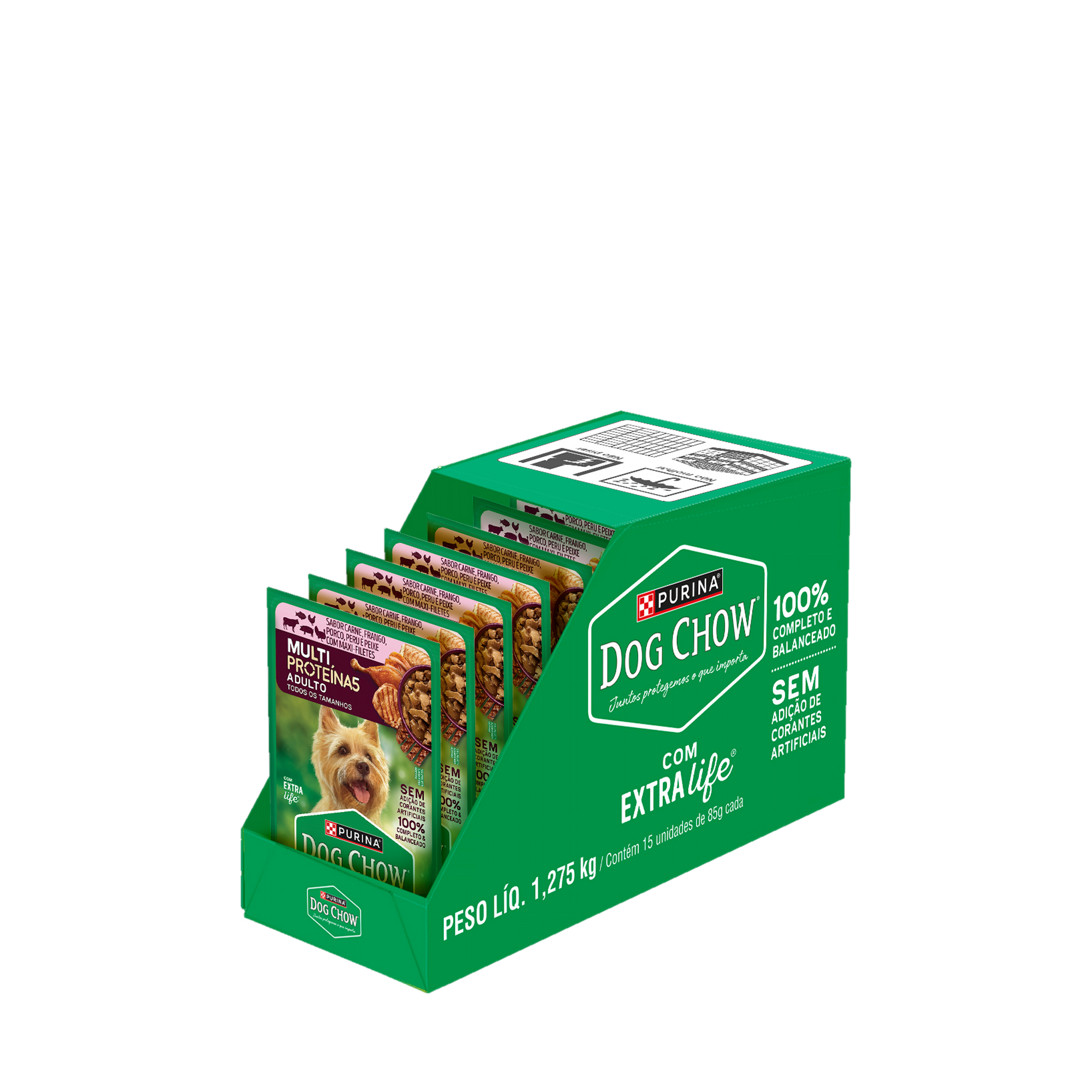 Caixa expositora aberta de PURINA® DOG CHOW® Multiproteína5 Adulto Sabor Carne, Frango, Porco, Peru e Peixe 85g