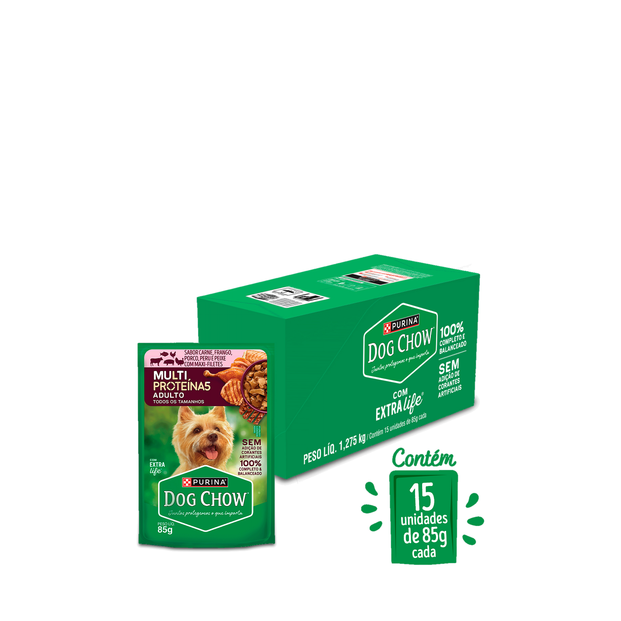 Caixa com 15 sachês de PURINA® DOG CHOW® Multiproteína5 Adulto Sabor Carne, Frango, Porco, Peru e Peixe 85g