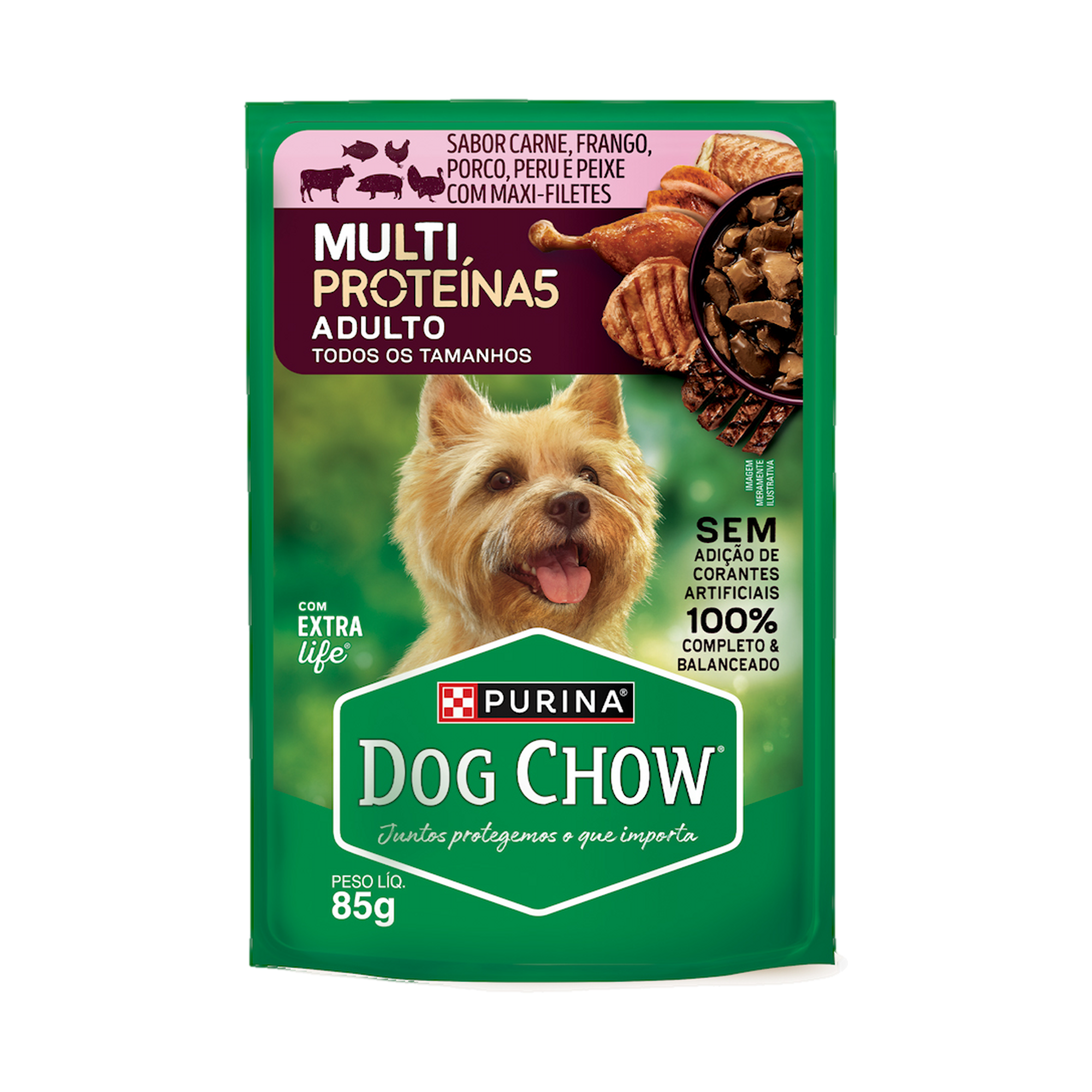 Embalagem de DOG CHOW® MULTIPROTEÍNA5 ADULTO Sabor Carne, Frango, Porco, Peru e Peixe 85g, vista frontal
