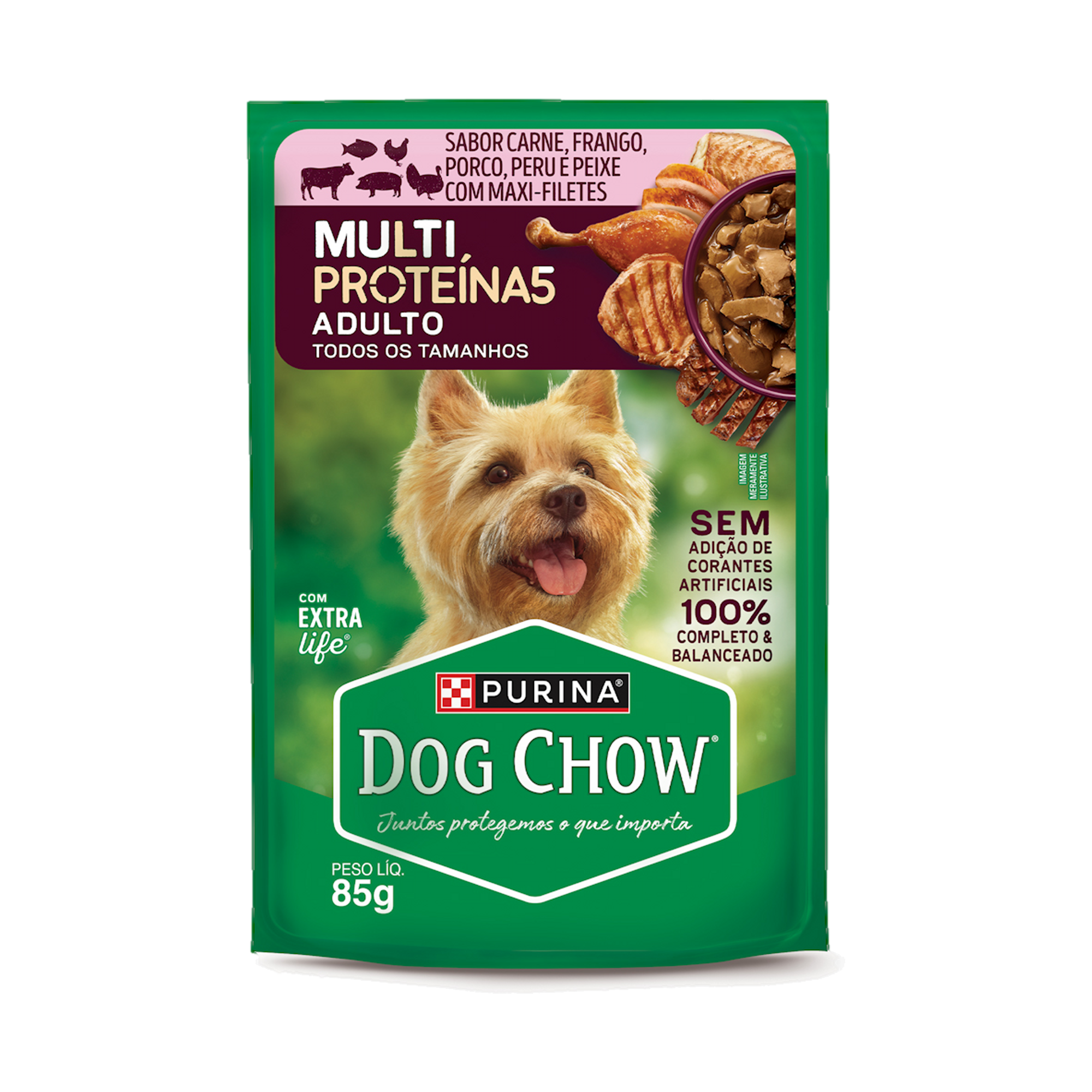 Embalagem de DOG CHOW® MULTIPROTEÍNA5 ADULTO Sabor Carne, Frango, Porco, Peru e Peixe 85g, vista frontal