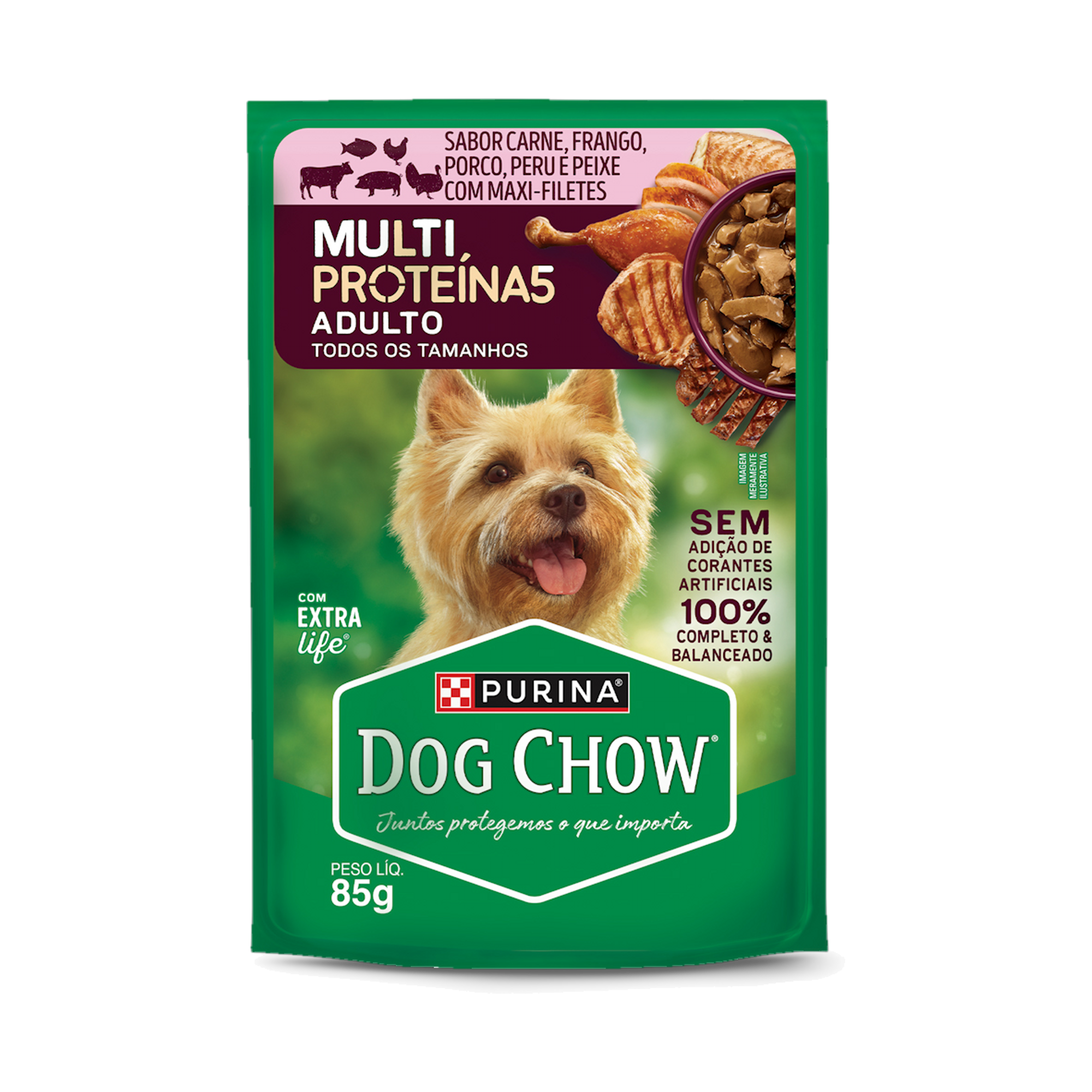 Embalagem de PURINA® DOG CHOW® Multiproteína5 Adulto Sabor Carne, Frango, Porco, Peru e Peixe 85g, vista frontal