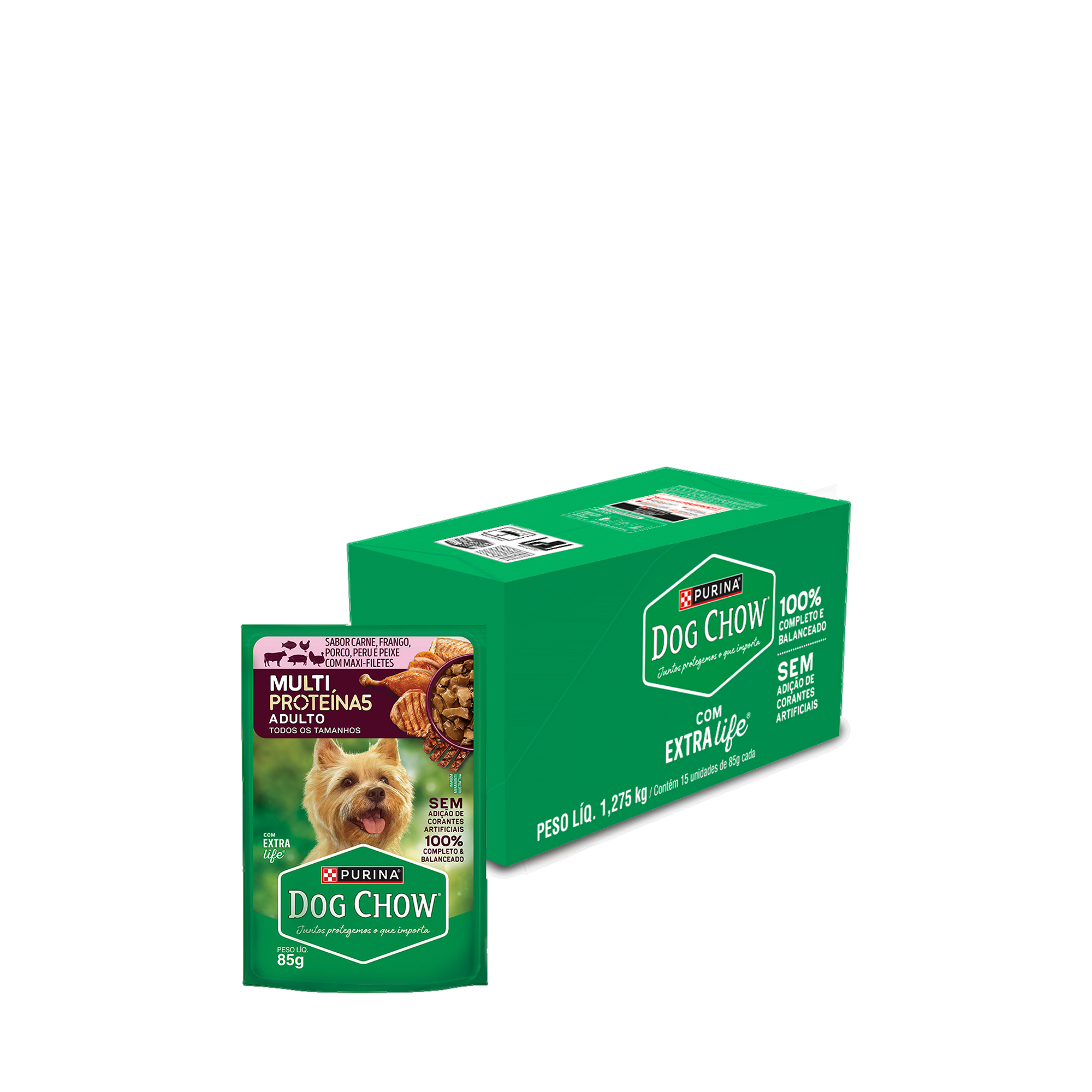 Embalagem múltipla de DOG CHOW® MULTIPROTEÍNA5 ADULTO Sabor Carne, Frango, Porco, Peru e Peixe 85g