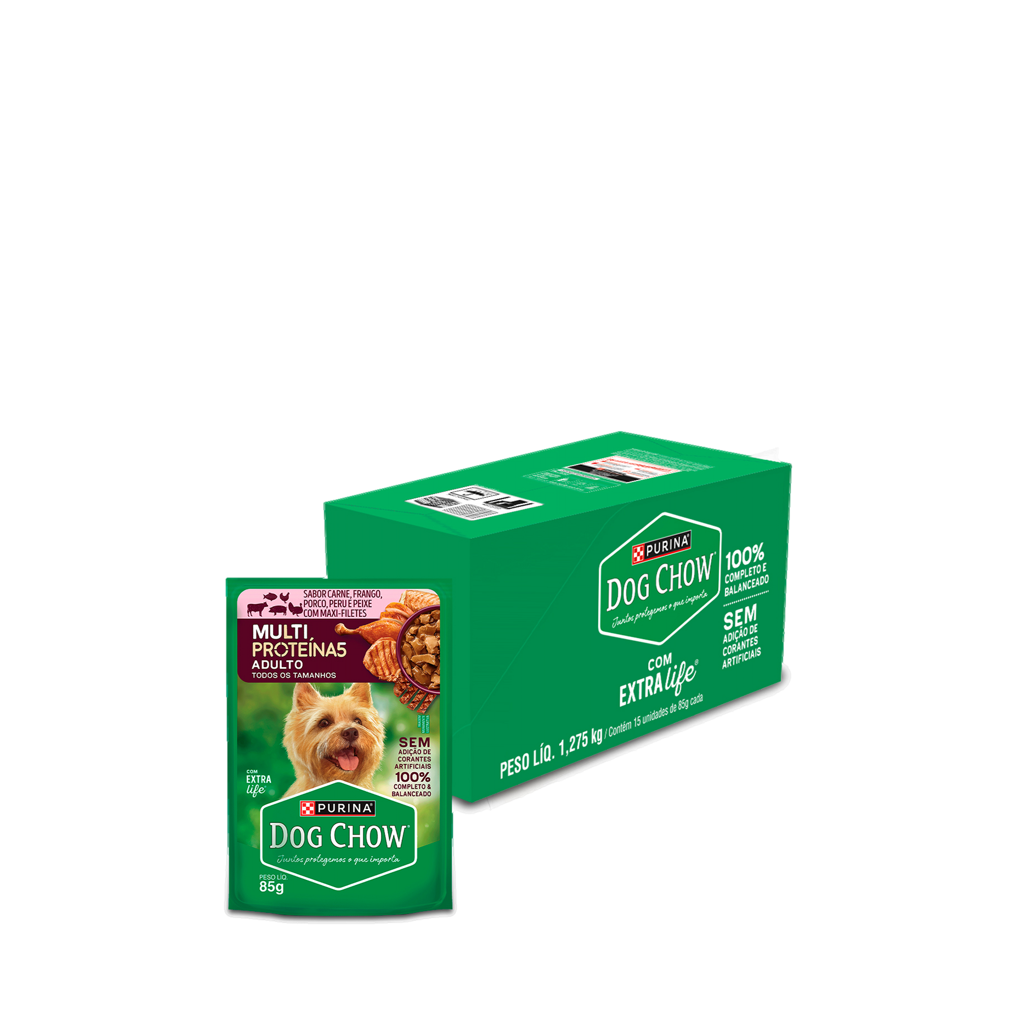 Embalagem múltipla de DOG CHOW® MULTIPROTEÍNA5 ADULTO Sabor Carne, Frango, Porco, Peru e Peixe 85g