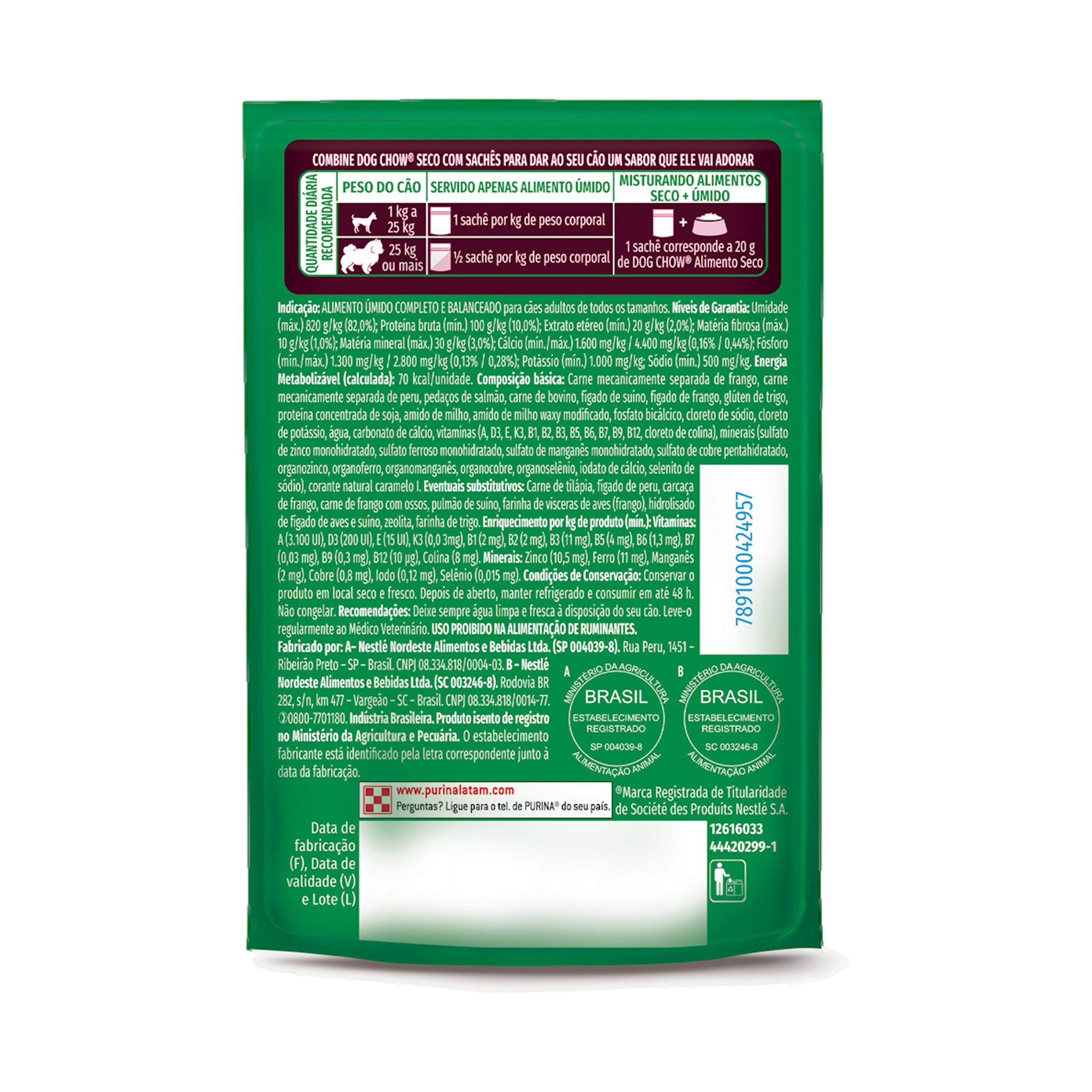 Embalagem de DOG CHOW® MULTIPROTEÍNA5 ADULTO Sabor Carne, Frango, Porco, Peru e Peixe 85g, vista traseira