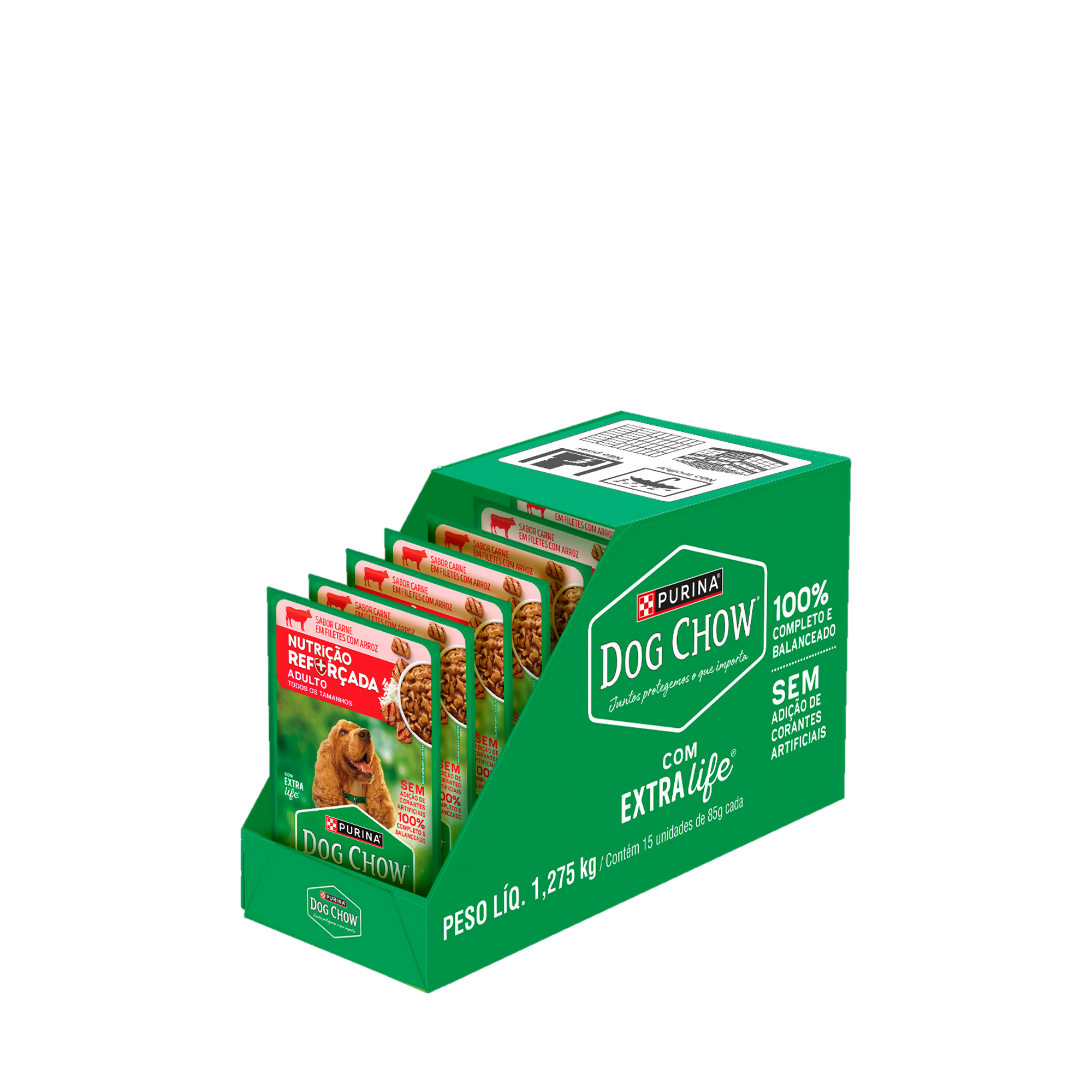 Caixa expositora aberta de PURINA® DOG CHOW® Nutrição Reforçada Adulto Sabor Carne em Filetes com Arroz 85g