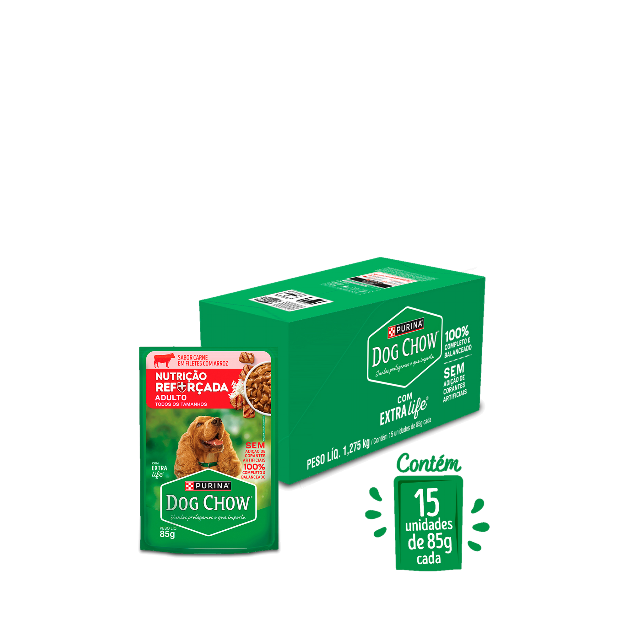 Caixa com 15 sachês de PURINA® DOG CHOW® Nutrição Reforçada Adulto Sabor Carne em Filetes com Arroz 85g