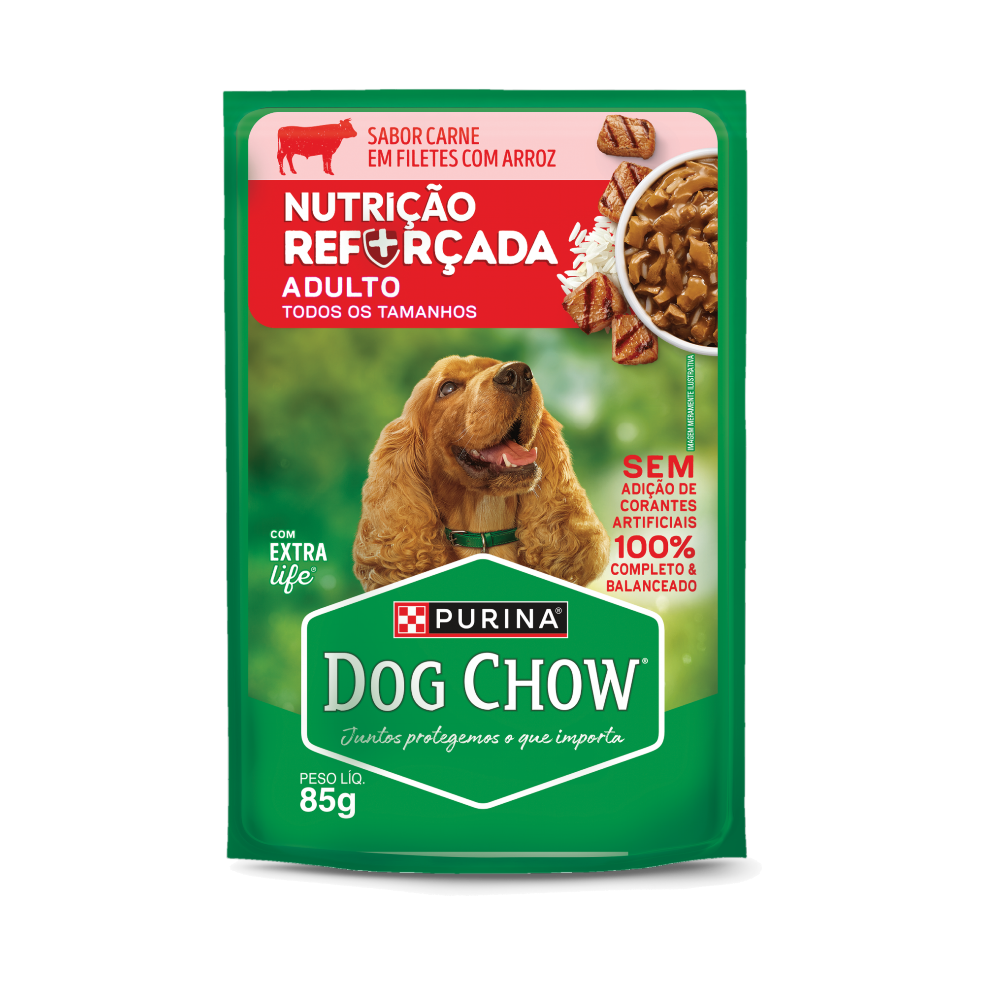 Embalagem de PURINA® DOG CHOW® Nutrição Reforçada Adulto Sabor Carne em Filetes com Arroz 85g, vista frontal