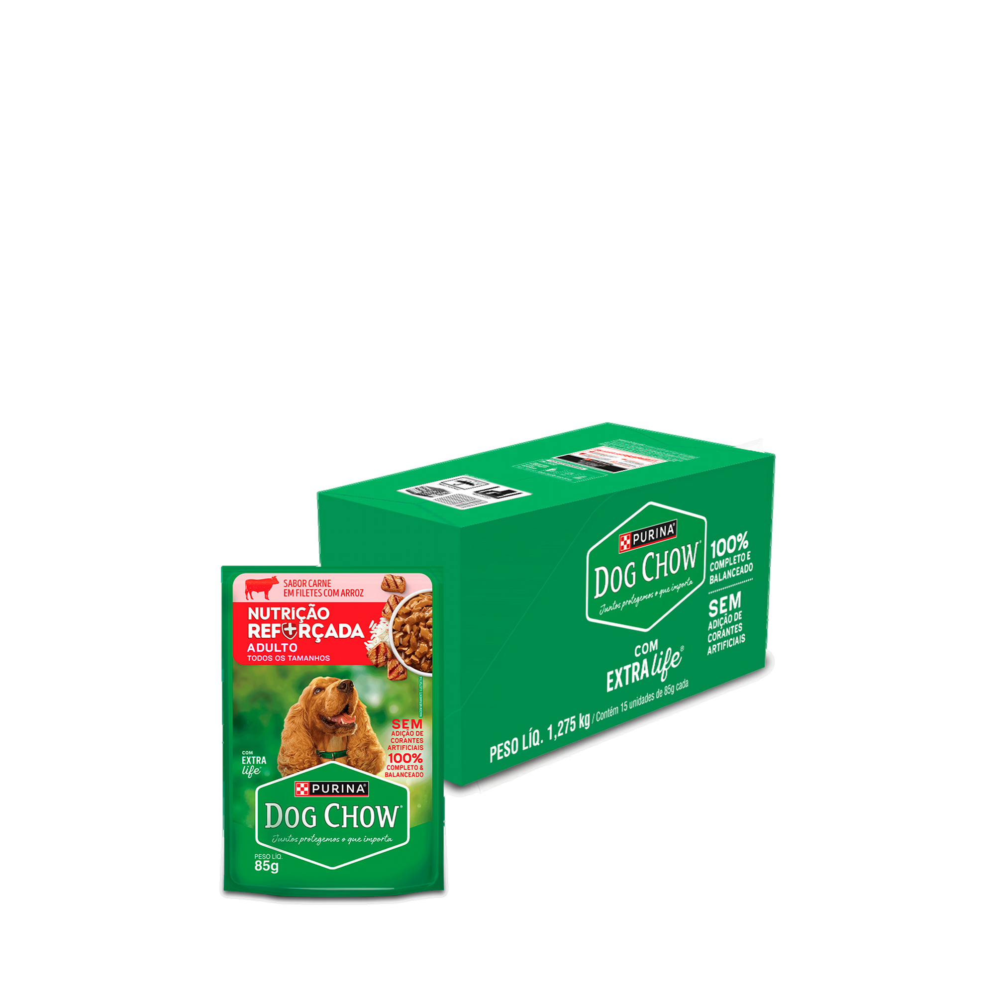 Embalagem múltipla de DOG CHOW® NUTRIÇÃO REFORÇADA ADULTO Sabor Carne em Filetes com Arroz 85g