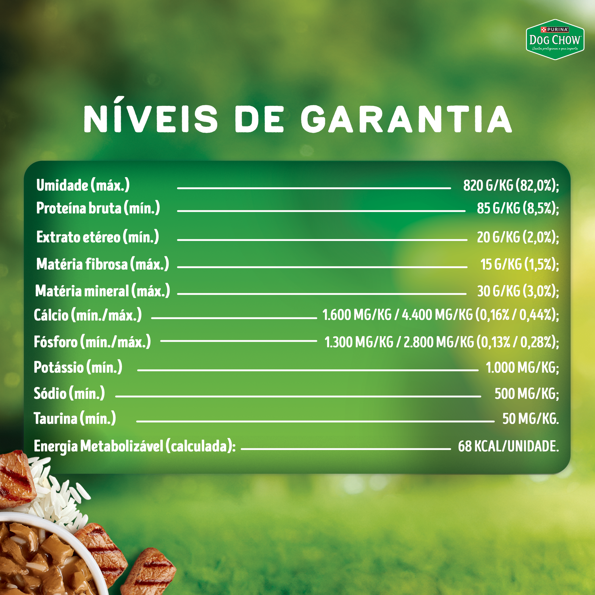 Níveis de garantia de PURINA® DOG CHOW® Nutrição Reforçada Adulto Sabor Carne em Filetes com Arroz 85g