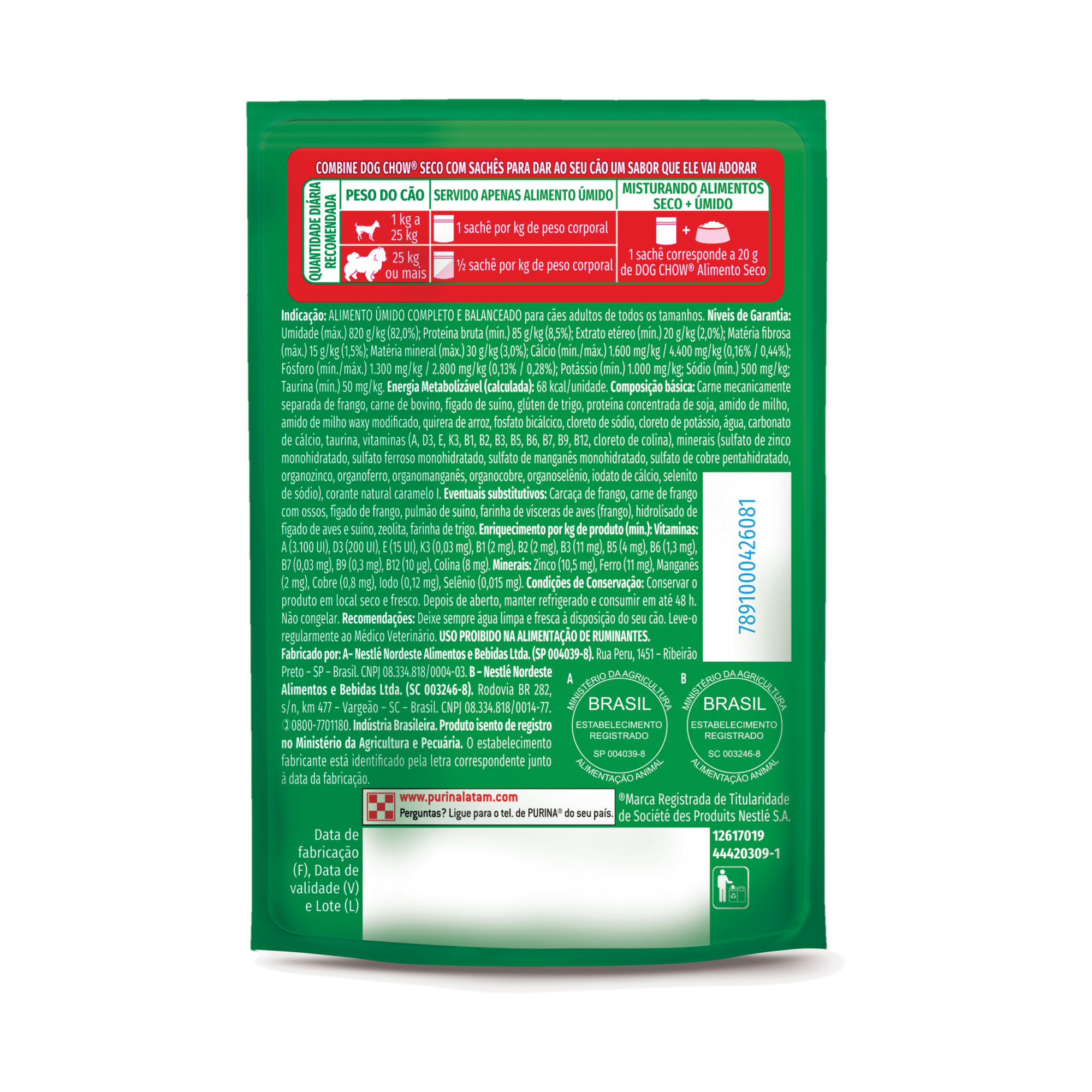 Embalagem de DOG CHOW® NUTRIÇÃO REFORÇADA ADULTO Sabor Carne em Filetes com Arroz 85g, vista traseira