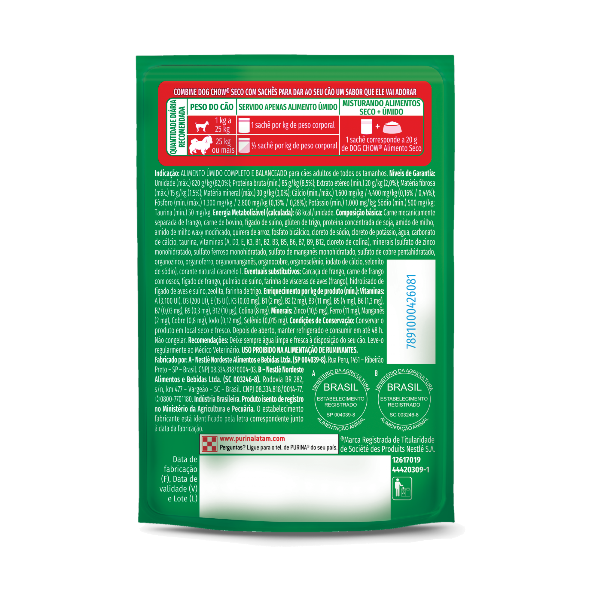 Embalagem de PURINA® DOG CHOW® Nutrição Reforçada Adulto Sabor Carne em Filetes com Arroz 85g, vista traseira