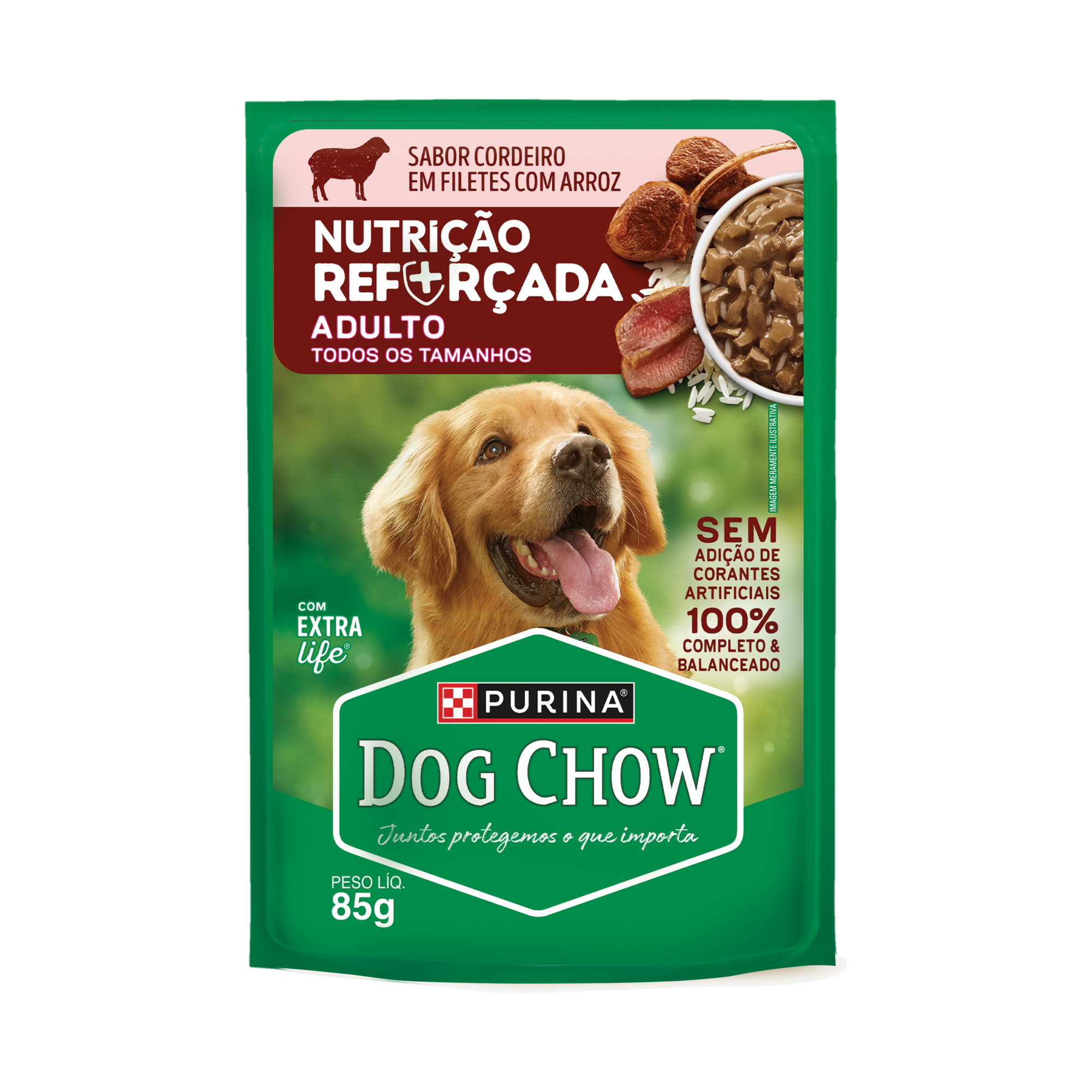 Embalagem de DOG CHOW® NUTRIÇÃO REFORÇADA ADULTO Sabor Cordeiro em Filetes com Arroz 85g, vista frontal