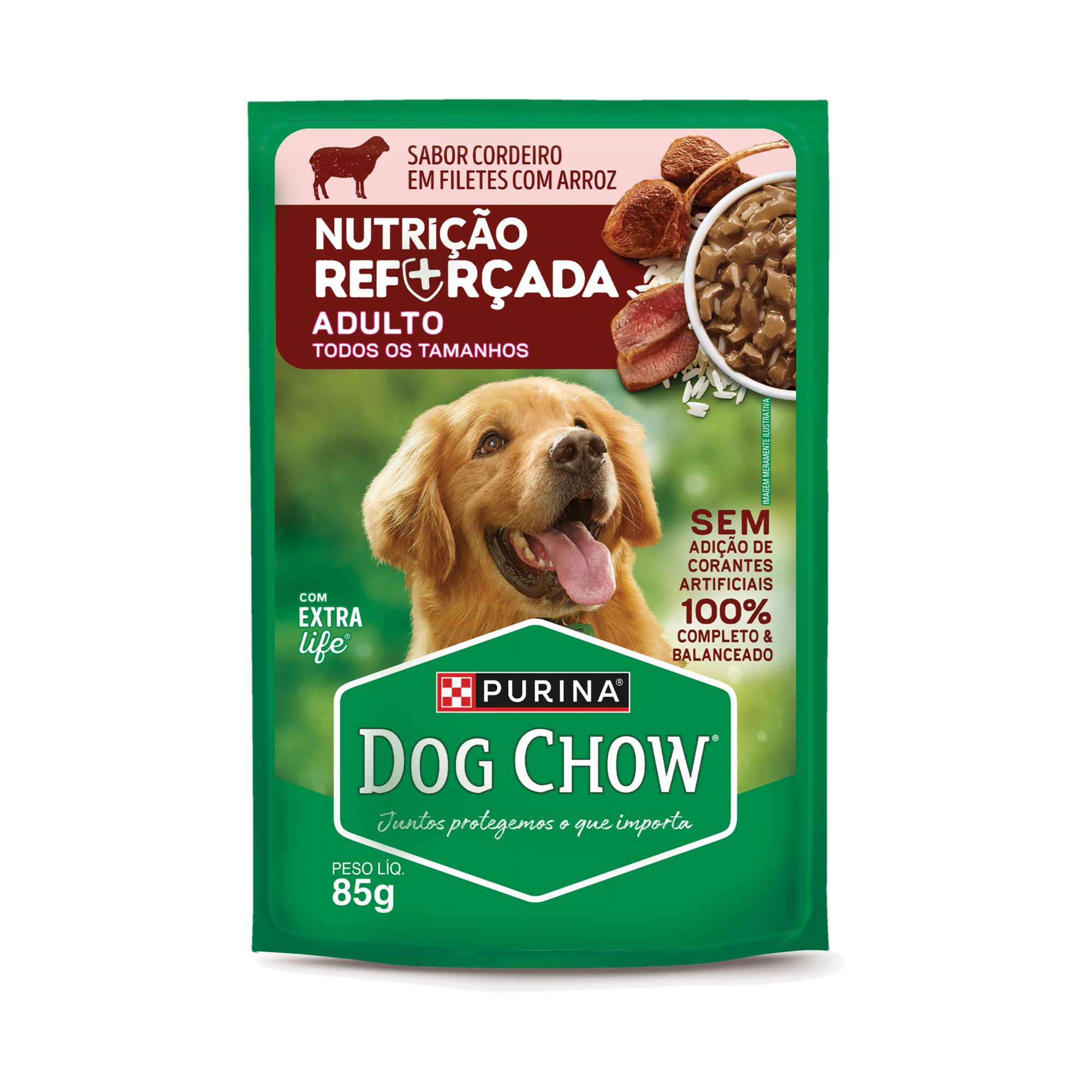 Embalagem de DOG CHOW® NUTRIÇÃO REFORÇADA ADULTO Sabor Cordeiro em Filetes com Arroz 85g, vista frontal