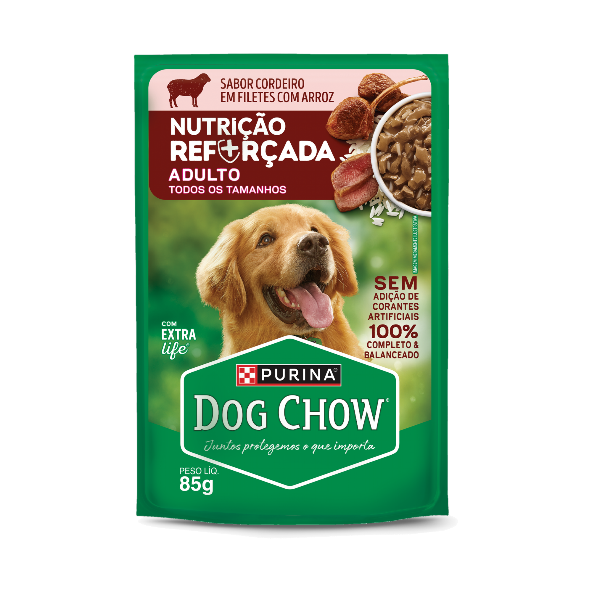 Embalagem de PURINA® DOG CHOW® Nutrição Reforçada Adulto Sabor Cordeiro em Filetes com Arroz 85g, vista frontal