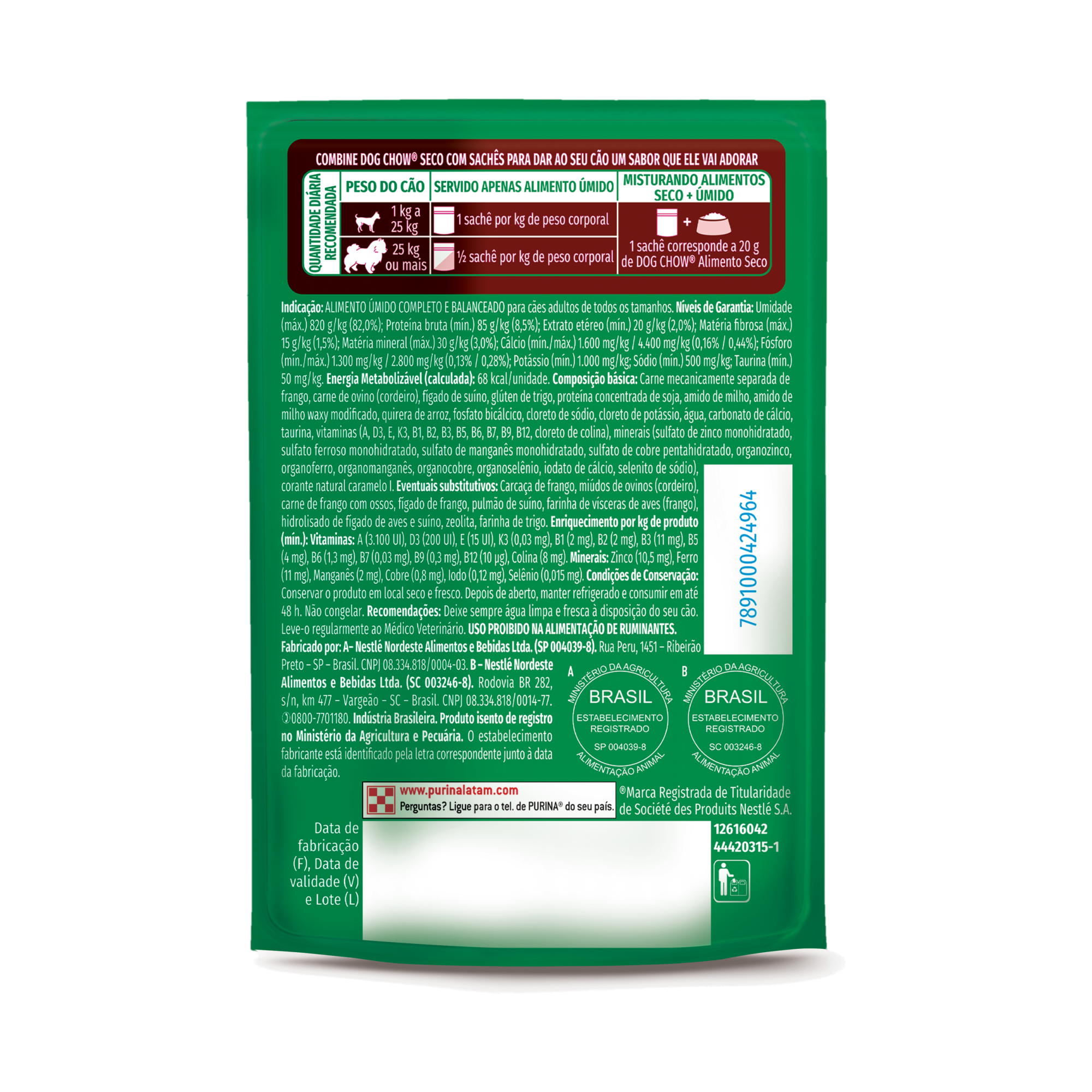 Embalagem de DOG CHOW® NUTRIÇÃO REFORÇADA ADULTO Sabor Cordeiro em Filetes com Arroz 85g, vista traseira