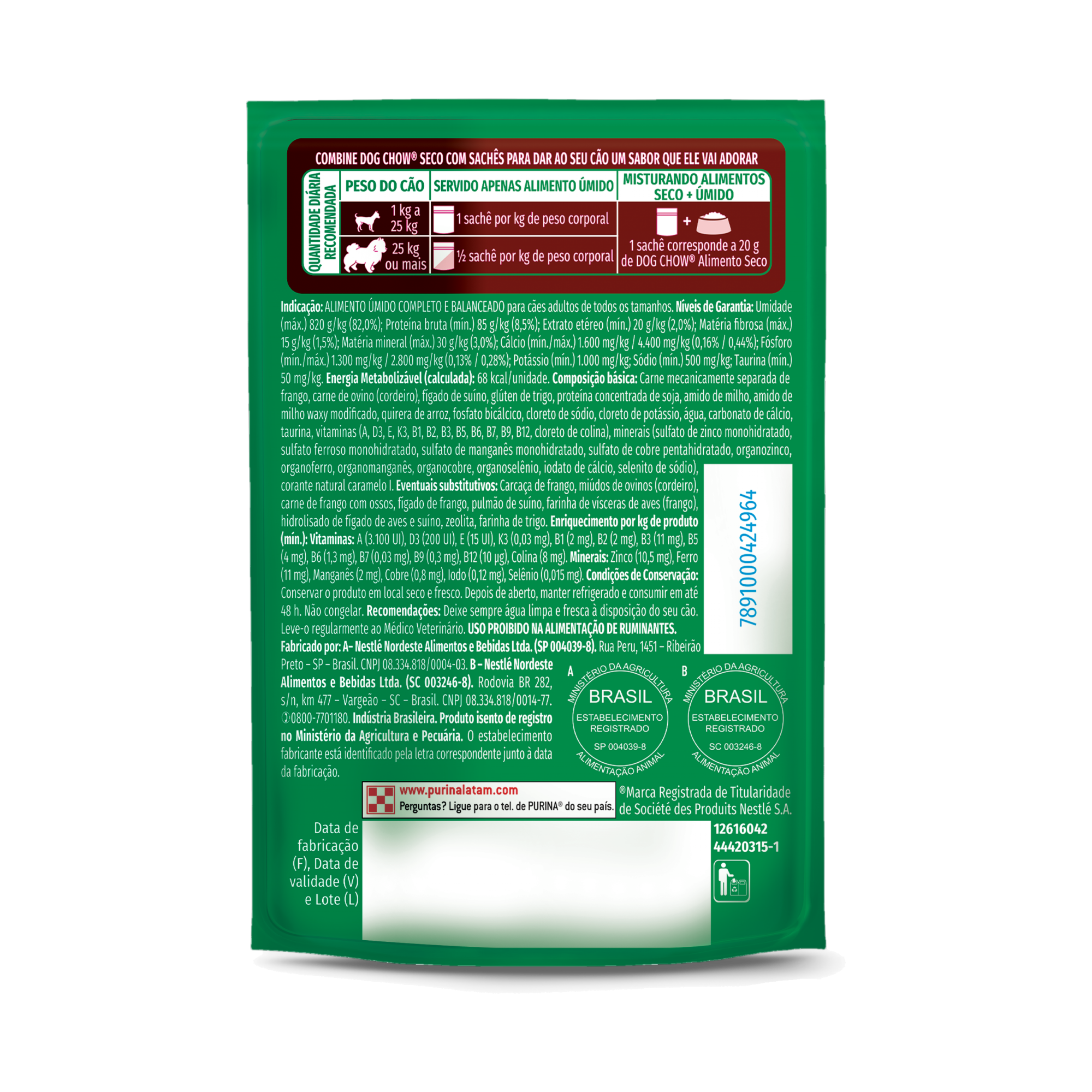 Embalagem de PURINA® DOG CHOW® Nutrição Reforçada Adulto Sabor Cordeiro em Filetes com Arroz 85g, vista traseira