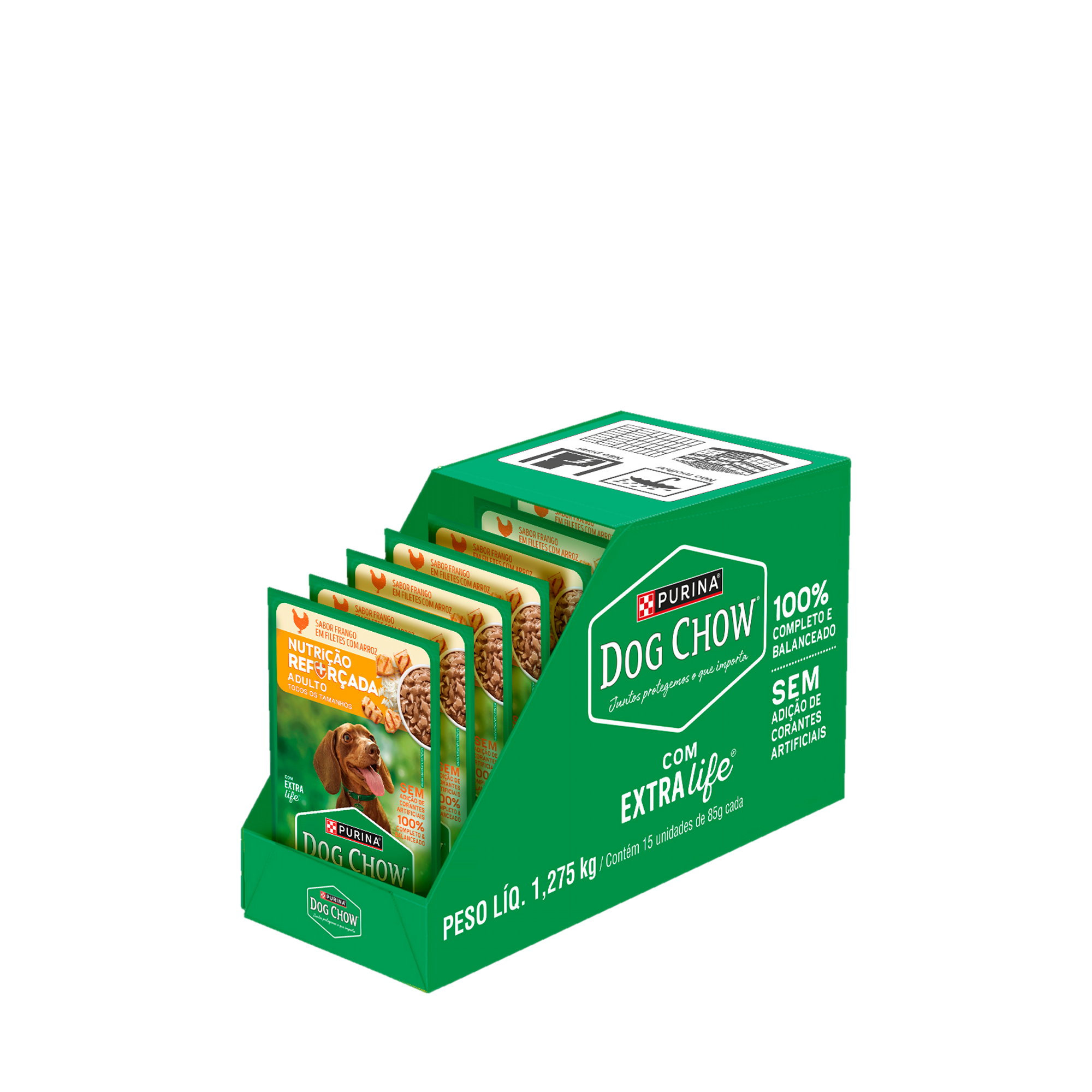 Caixa expositora aberta de PURINA® DOG CHOW® Nutrição Reforçada Adulto Sabor Frango em Filetes com Arroz 85g