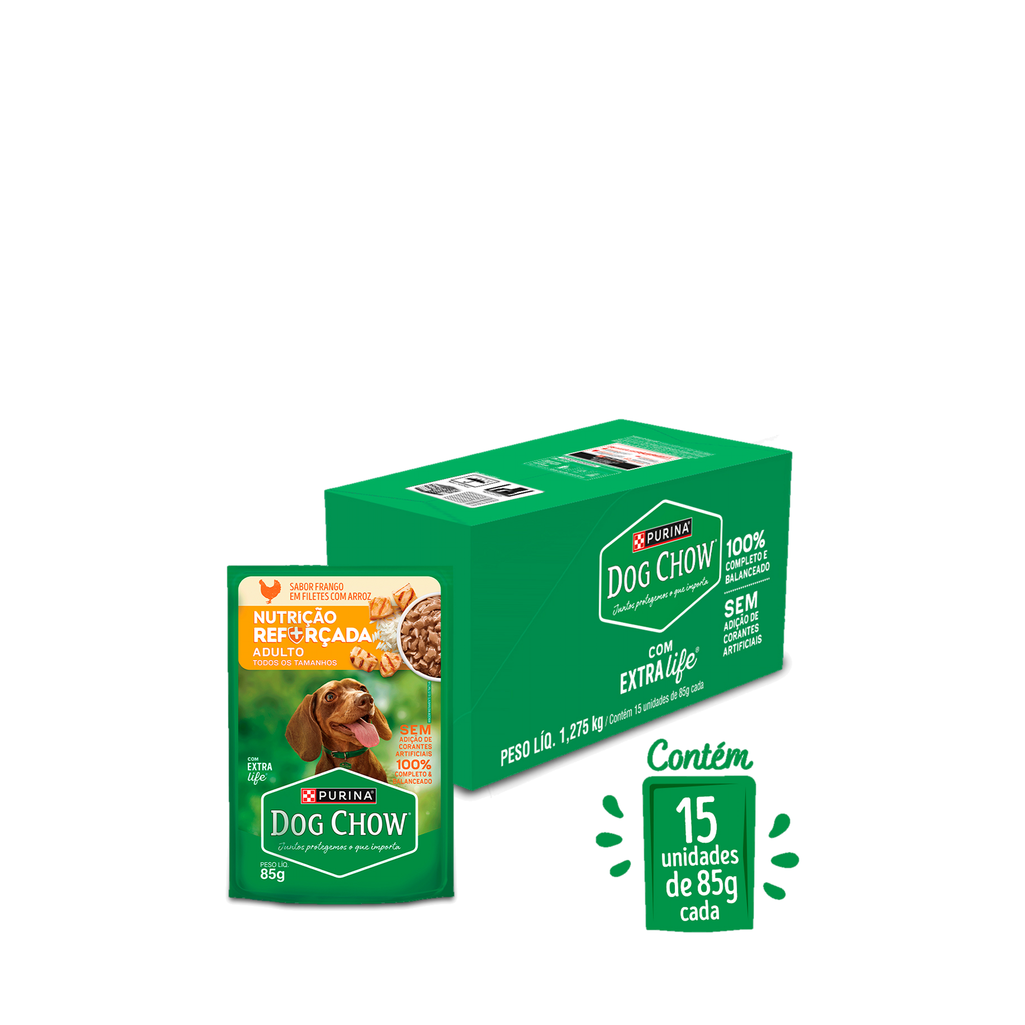 Caixa com 15 sachês de PURINA® DOG CHOW® Nutrição Reforçada Adulto Sabor Frango em Filetes com Arroz 85g