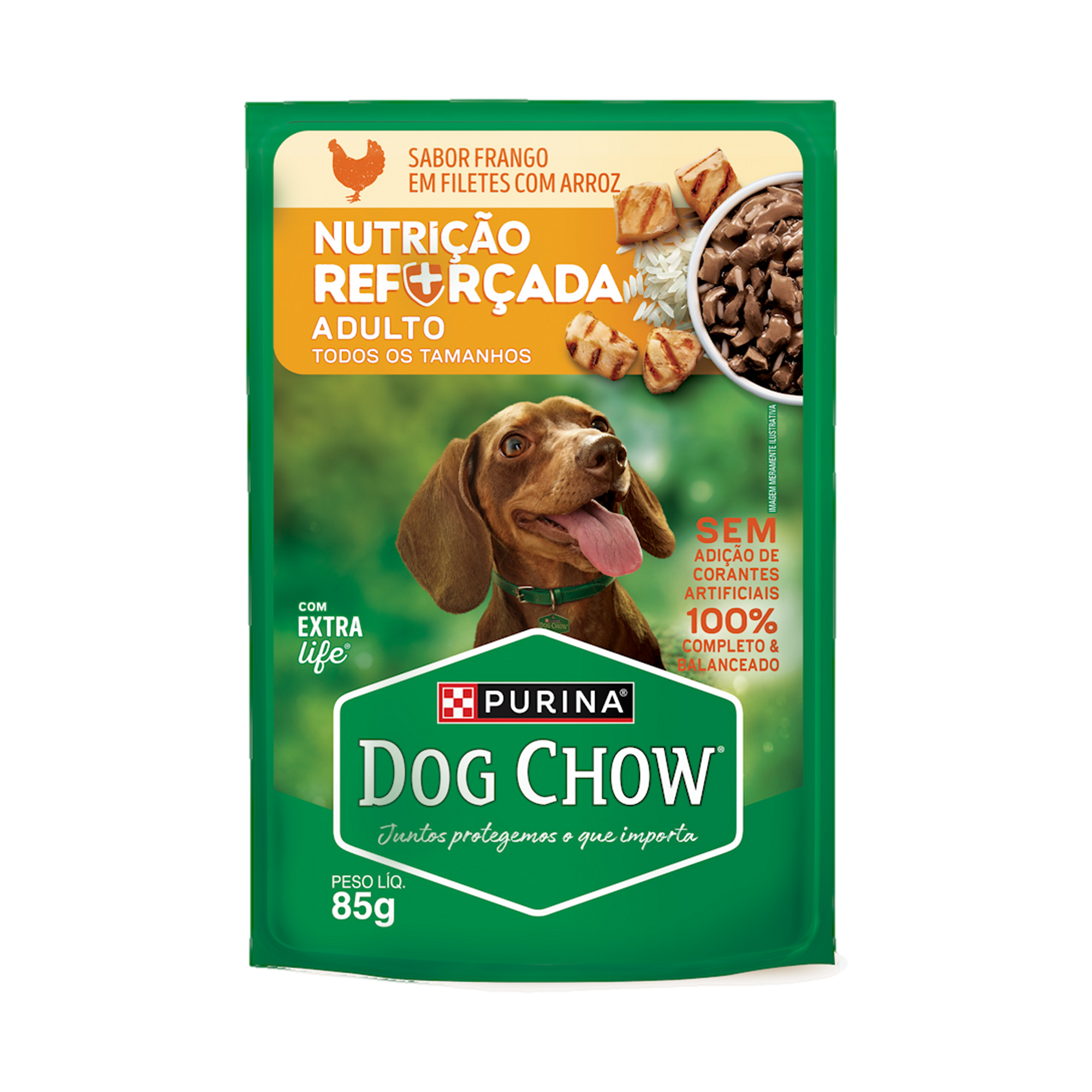 Embalagem de DOG CHOW® NUTRIÇÃO REFORÇADA ADULTO Sabor Frango em Filetes com Arroz 85g, vista frontal