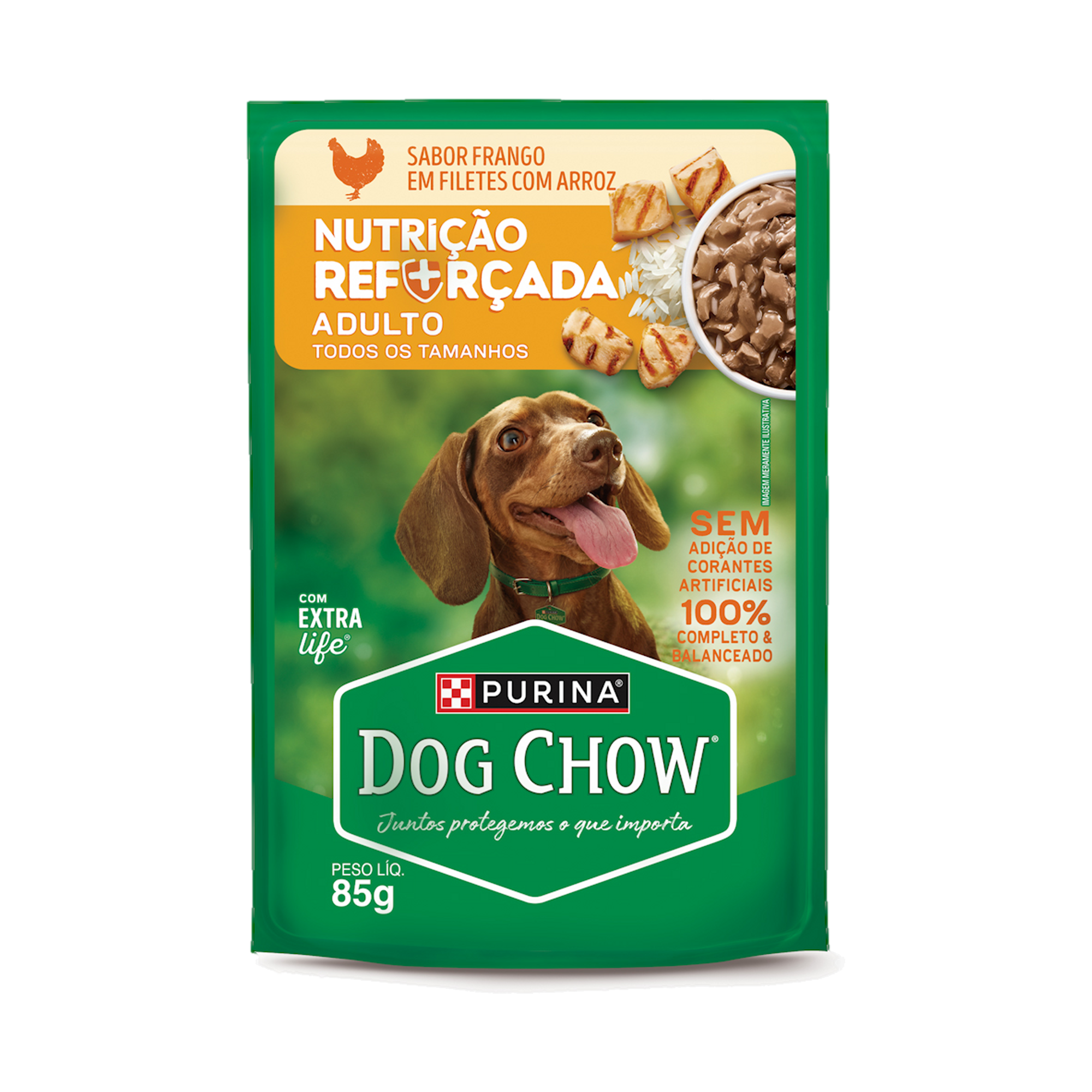 Embalagem de DOG CHOW® NUTRIÇÃO REFORÇADA ADULTO Sabor Frango em Filetes com Arroz 85g, vista frontal