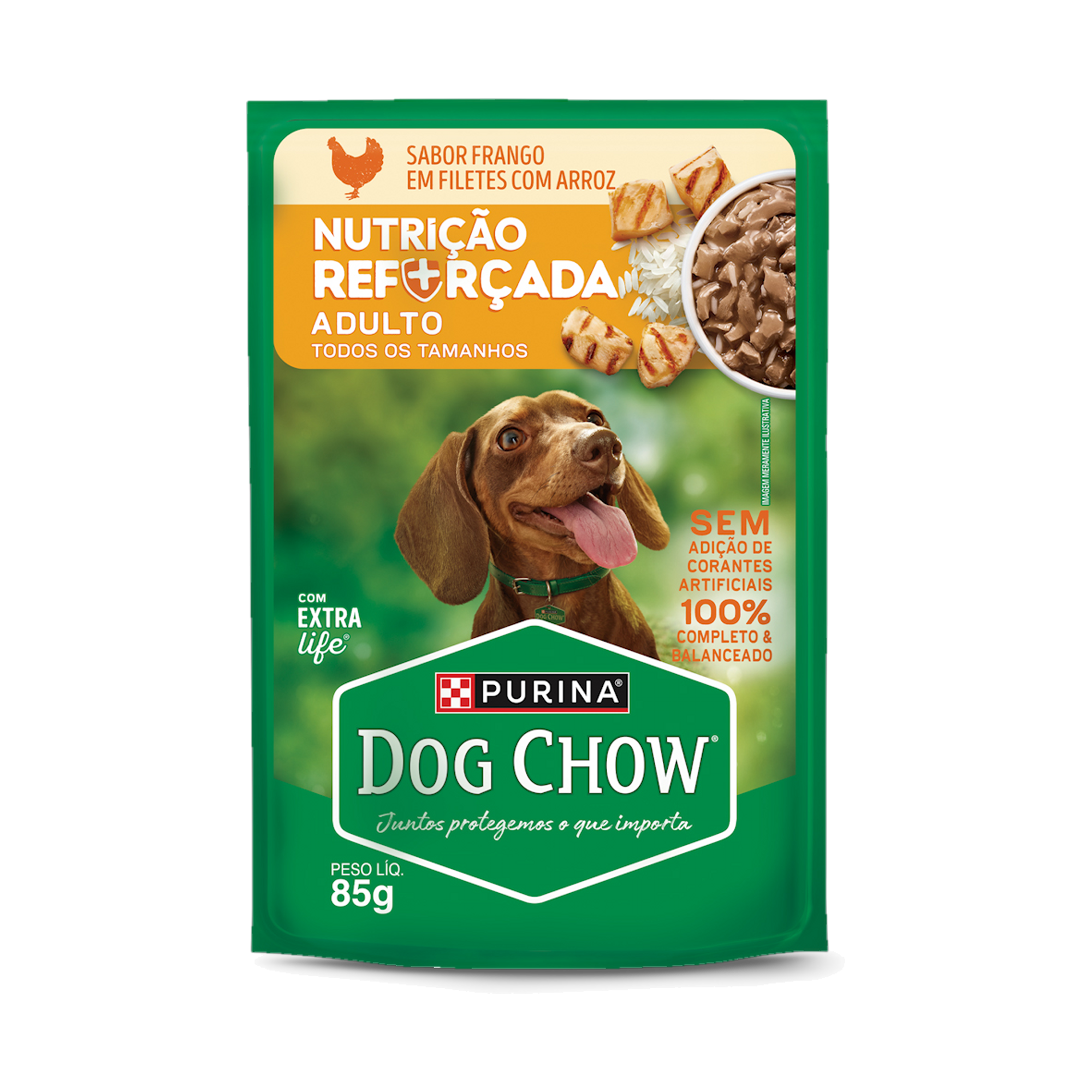 Embalagem de PURINA® DOG CHOW® Nutrição Reforçada Adulto Sabor Frango em Filetes com Arroz 85g, vista frontal