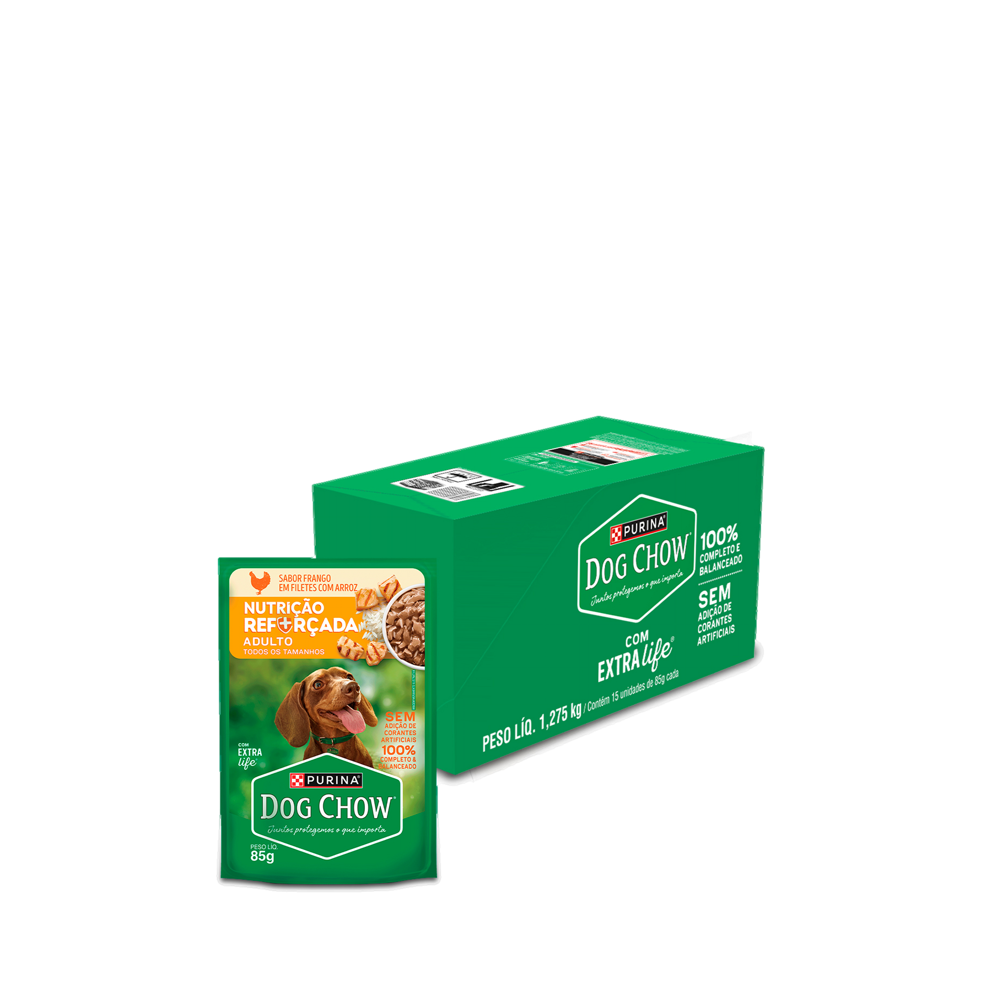 Embalagem múltipla de DOG CHOW® NUTRIÇÃO REFORÇADA ADULTO Sabor Frango em Filetes com Arroz 85g