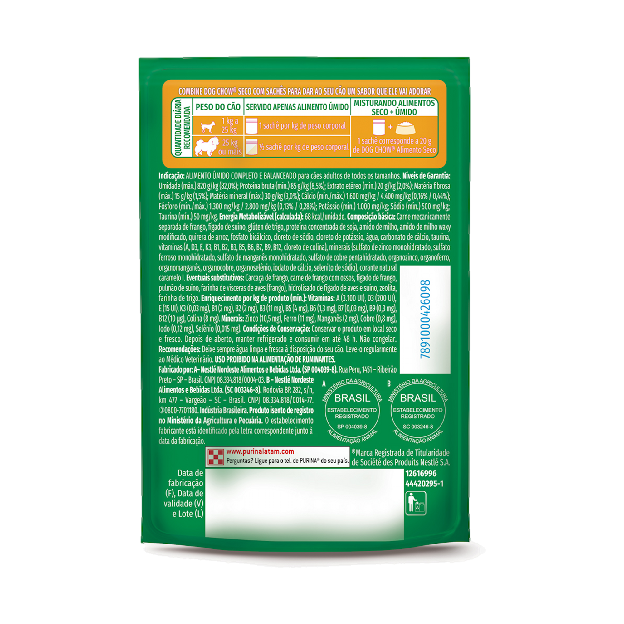 Embalagem de DOG CHOW® NUTRIÇÃO REFORÇADA ADULTO Sabor Frango em Filetes com Arroz 85g, vista traseira