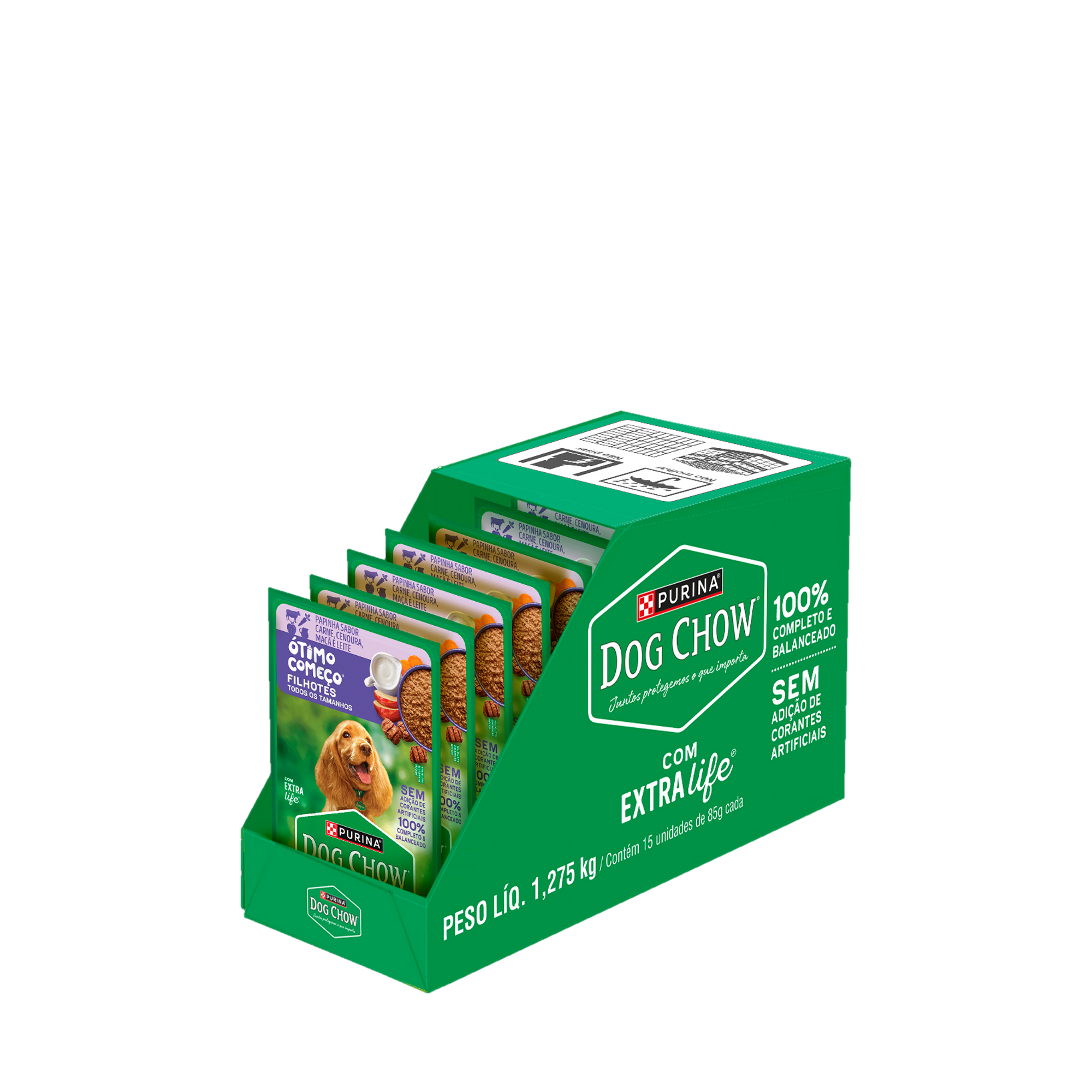 Caixa expositora aberta de PURINA® DOG CHOW® Ótimo Começo® Filhotes Papinha Sabor Carne, Cenoura, Maçã e Leite 85g