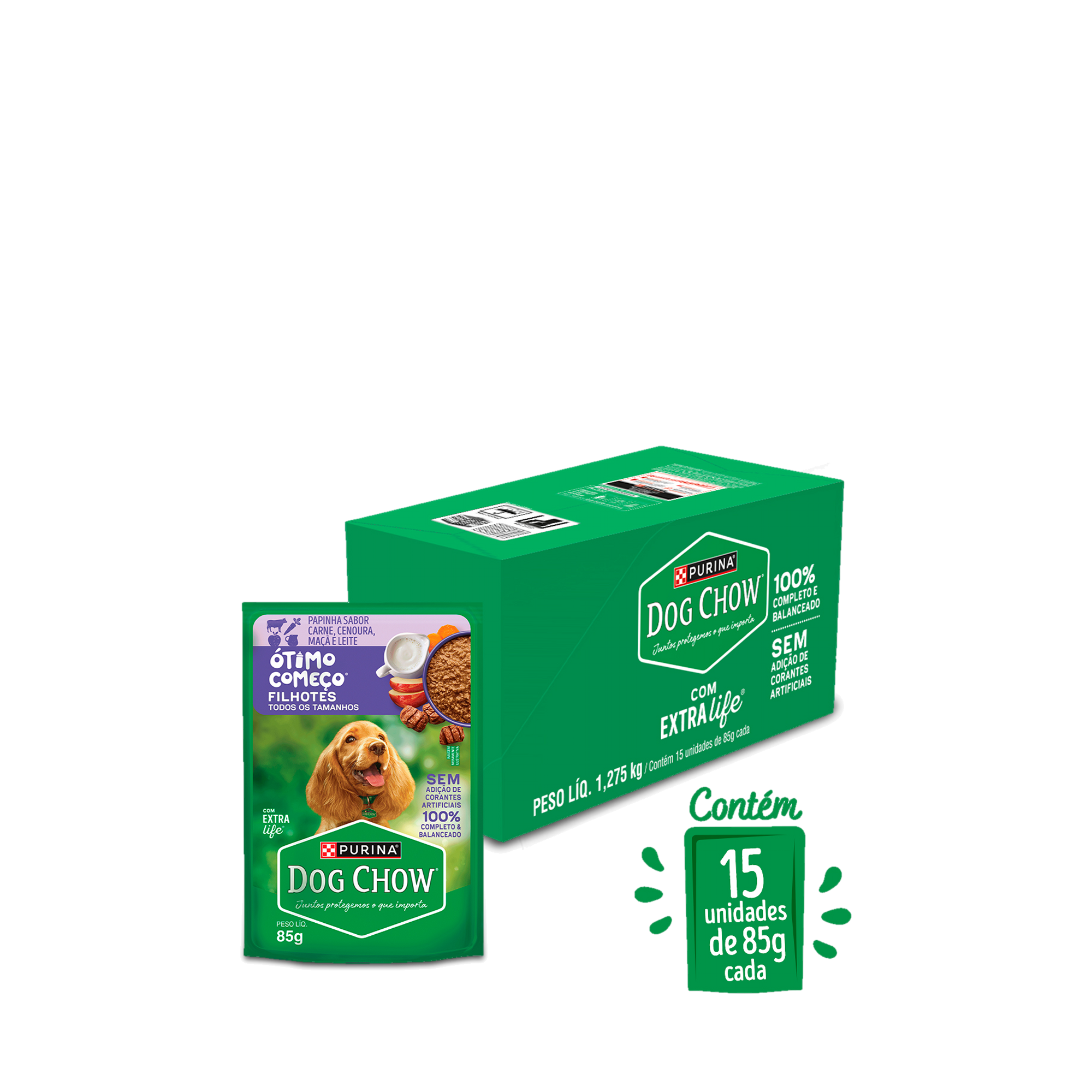 Caixa com 15 sachês de PURINA® DOG CHOW® Ótimo Começo® Filhotes Papinha Sabor Carne, Cenoura, Maçã e Leite 85g