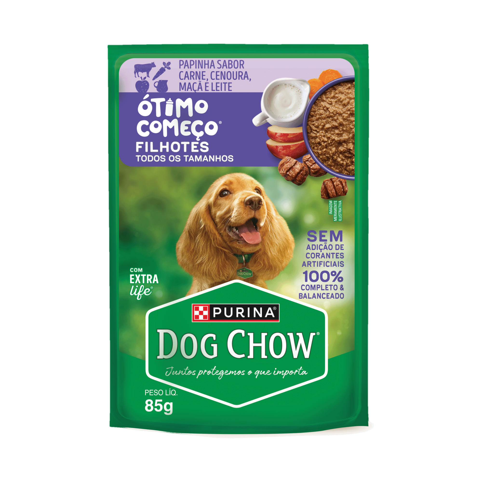 Embalagem de DOG CHOW® ÓTIMO COMEÇO® FILHOTES Papinha Sabor Carne, Cenoura, Maçã e Leite 85g, vista frontal