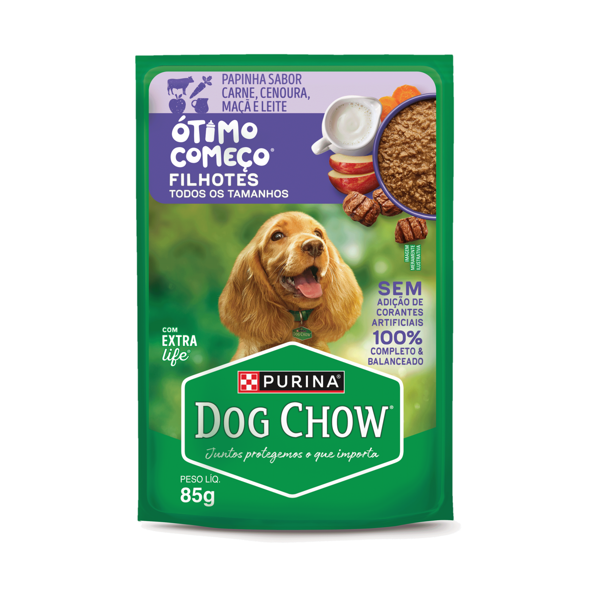 Embalagem de DOG CHOW® ÓTIMO COMEÇO® FILHOTES Papinha Sabor Carne, Cenoura, Maçã e Leite 85g, vista frontal
