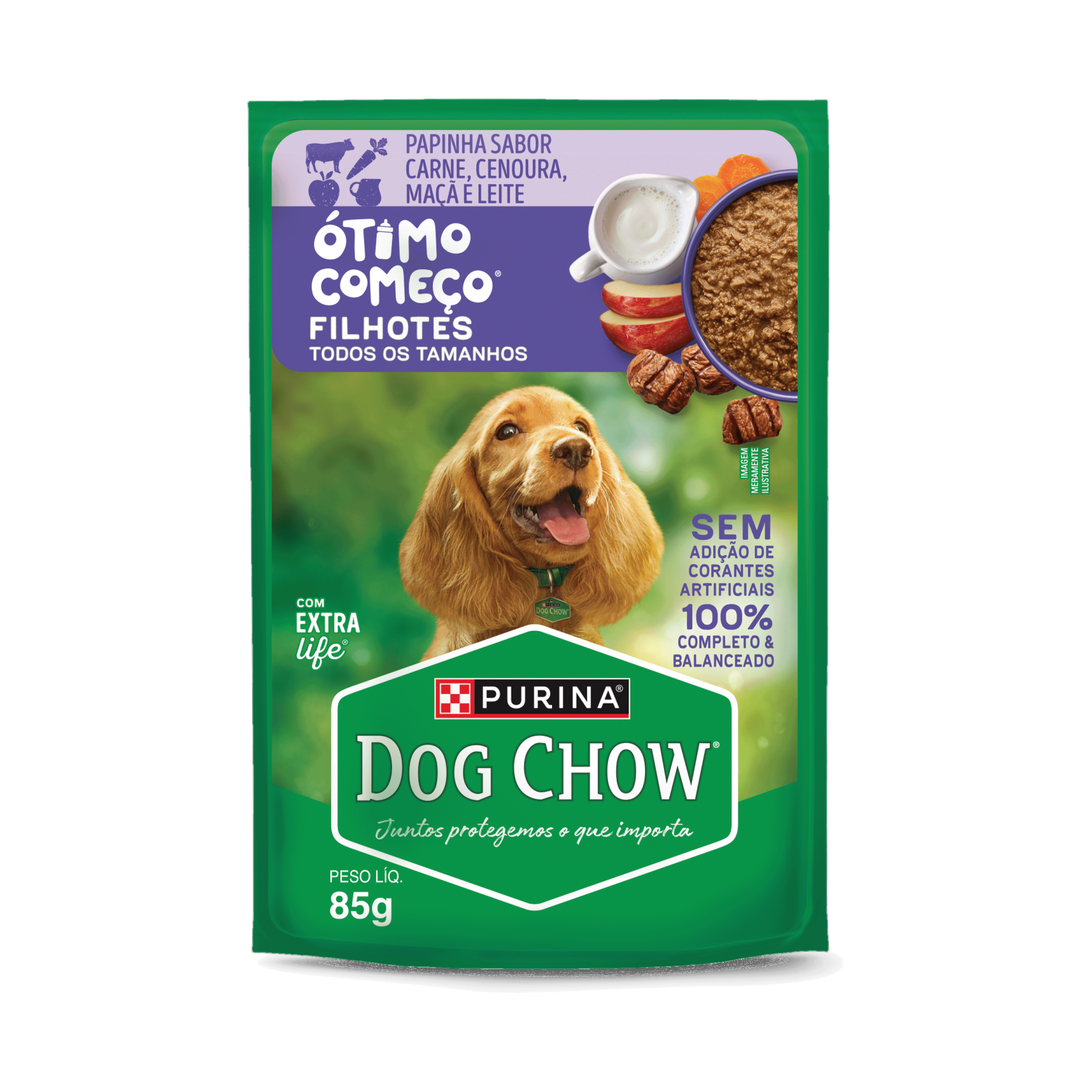 Embalagem de PURINA® DOG CHOW® Ótimo Começo® Filhotes Papinha Sabor Carne, Cenoura, Maçã e Leite 85g, vista frontal
