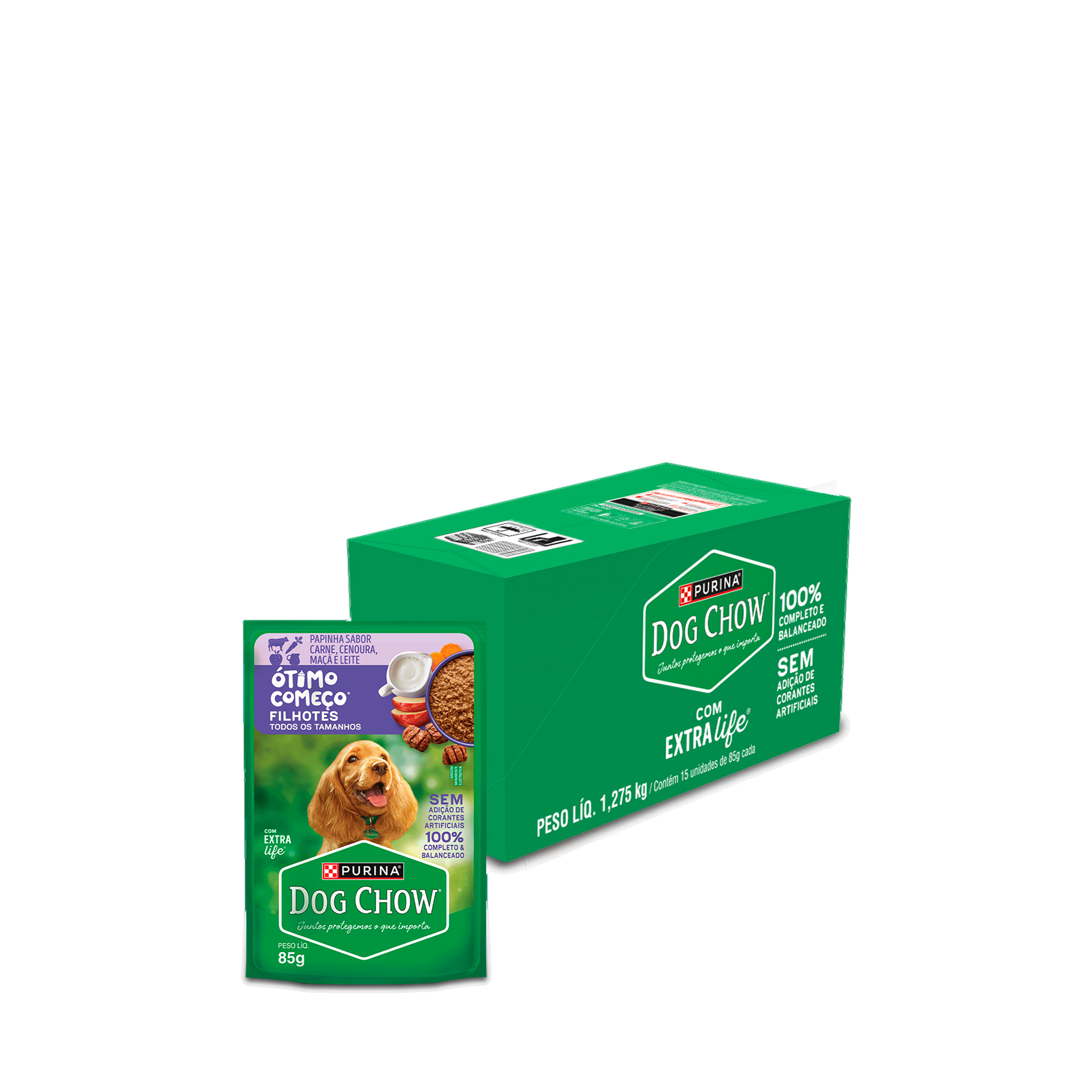 Embalagem múltipla de DOG CHOW® ÓTIMO COMEÇO® FILHOTES Papinha Sabor Carne, Cenoura, Maçã e Leite 85g