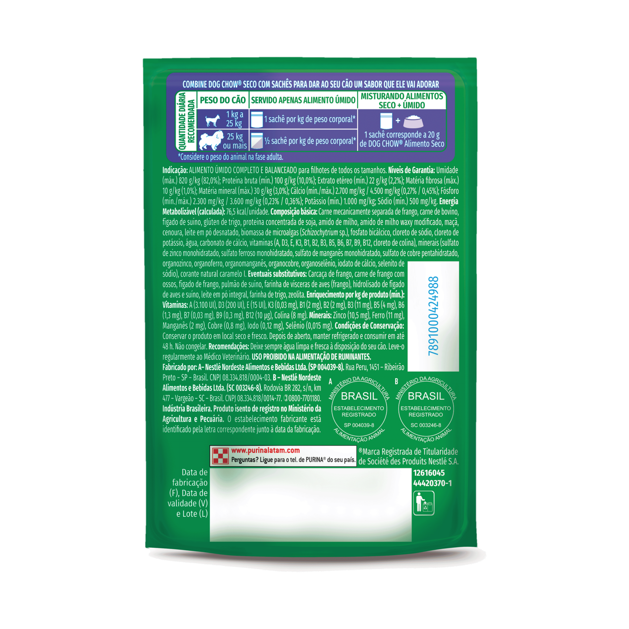 Embalagem de DOG CHOW® ÓTIMO COMEÇO® FILHOTES Papinha Sabor Carne, Cenoura, Maçã e Leite 85g, vista traseira