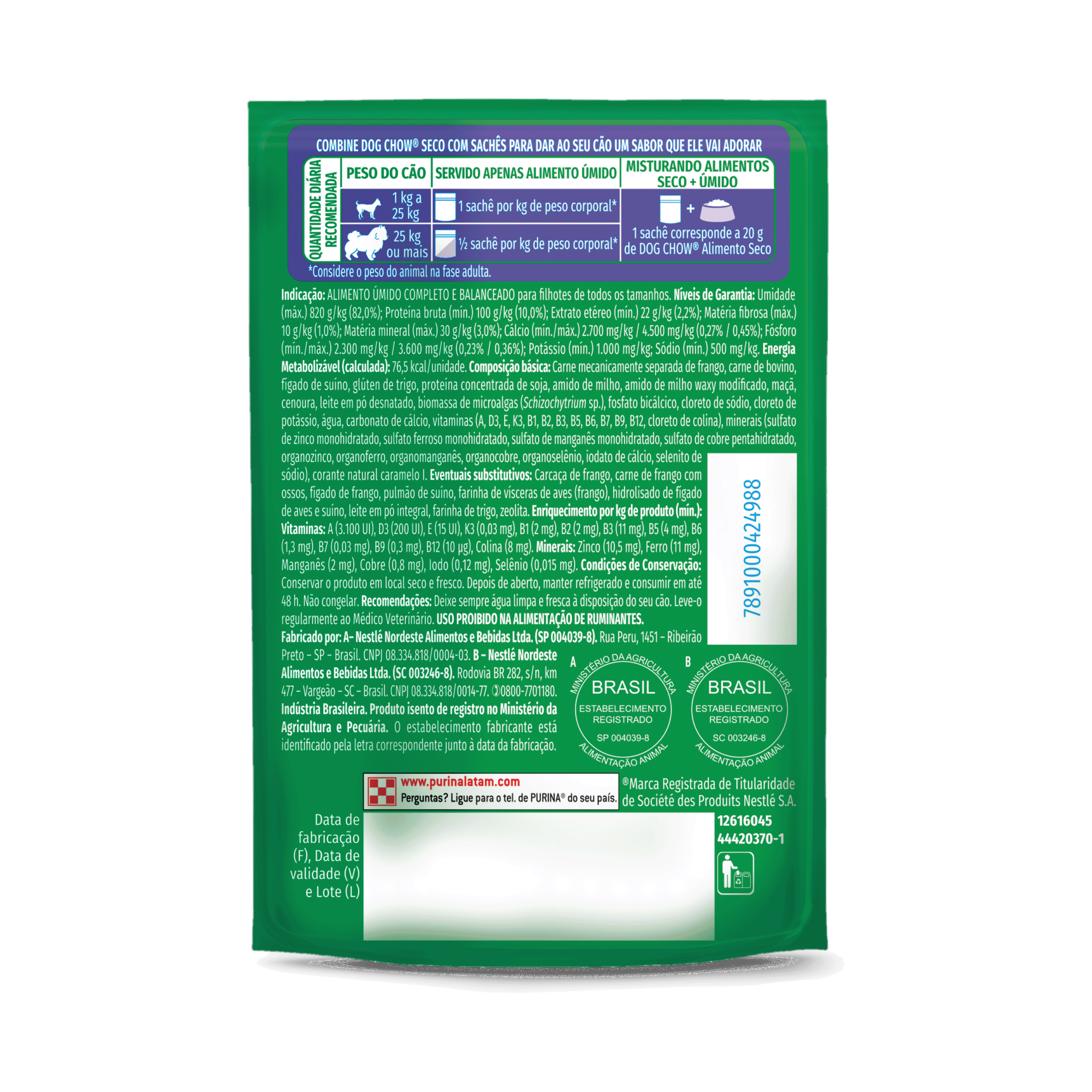 Embalagem de PURINA® DOG CHOW® Ótimo Começo® Filhotes Papinha Sabor Carne, Cenoura, Maçã e Leite 85g, vista traseira
