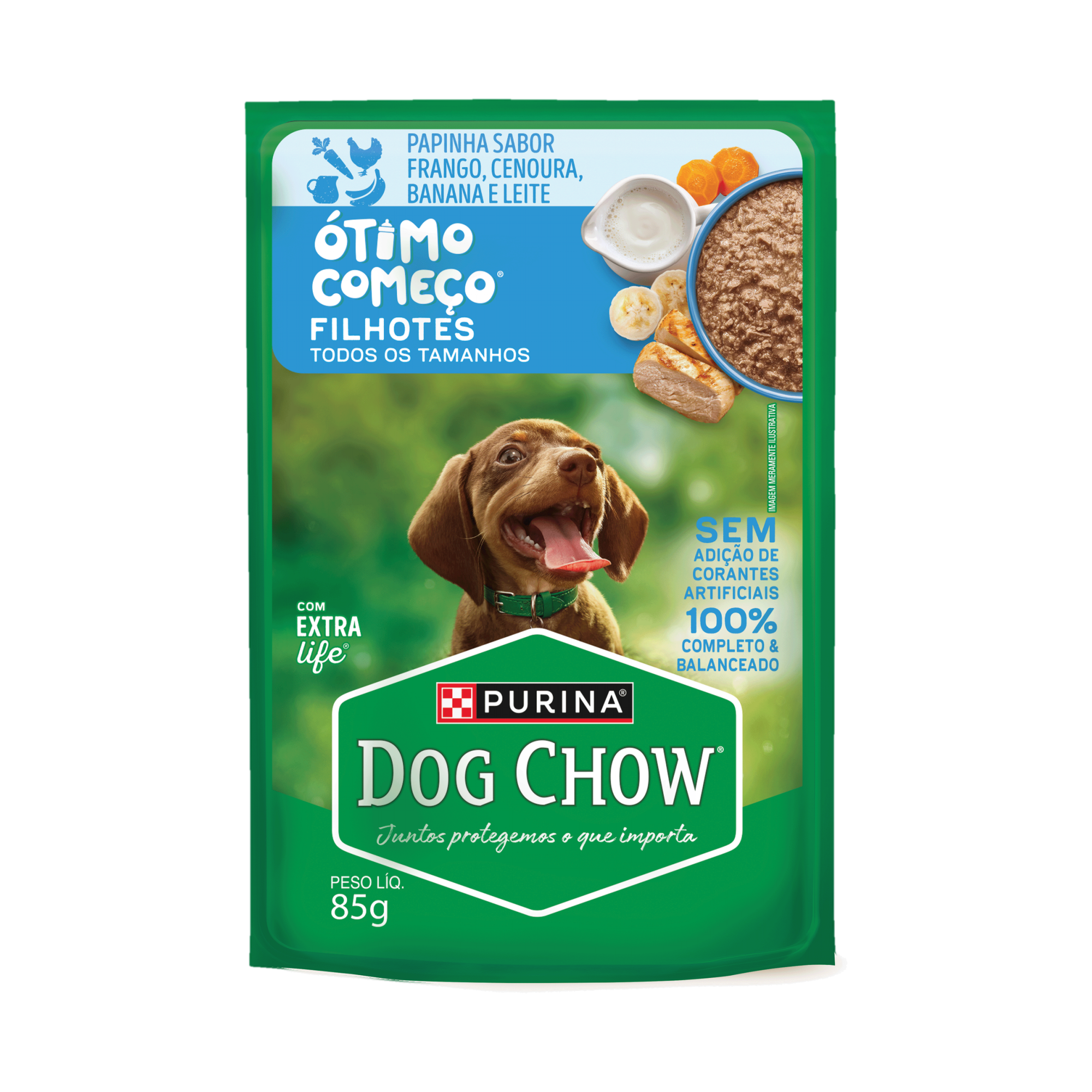 Embalagem de DOG CHOW® ÓTIMO COMEÇO® FILHOTES Papinha Sabor Frango, Cenoura, Banana e Leite 85g, vista frontal