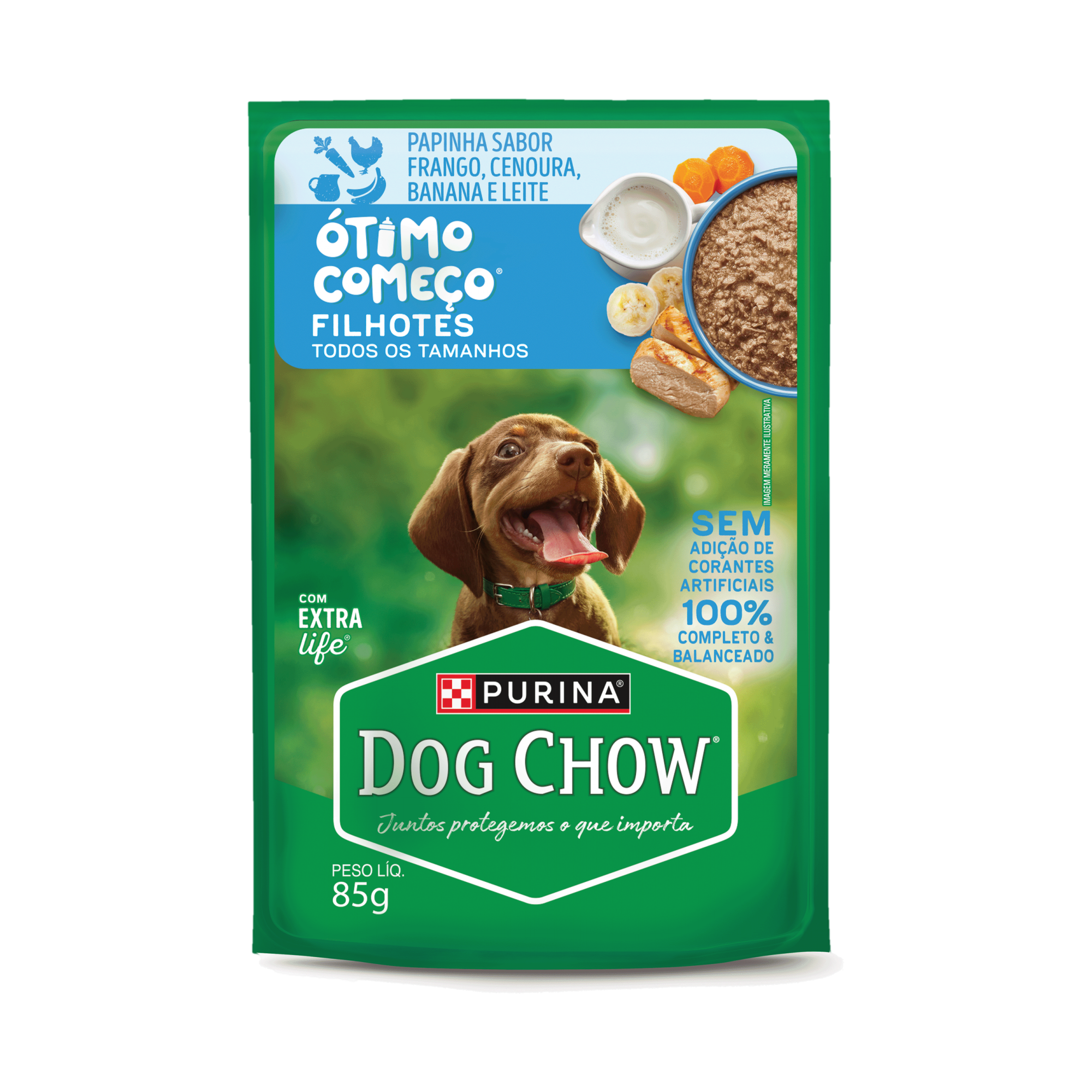 Embalagem de DOG CHOW® ÓTIMO COMEÇO® FILHOTES Papinha Sabor Frango, Cenoura, Banana e Leite 85g, vista frontal