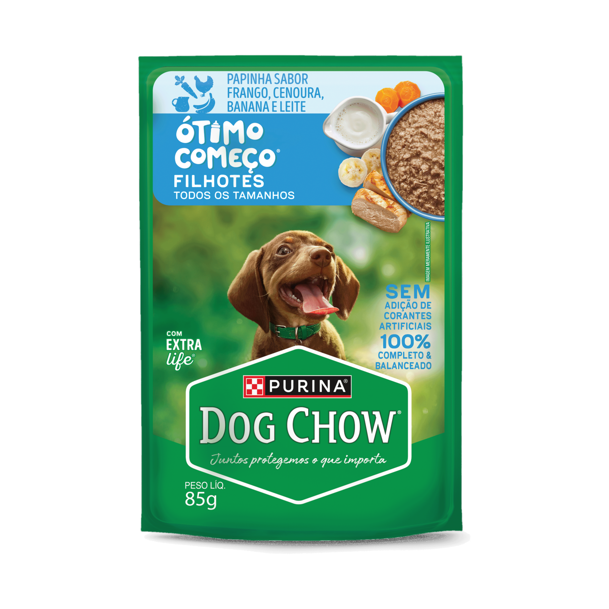 Embalagem de PURINA® DOG CHOW® Ótimo Começo® Filhotes Papinha Sabor Frango, Cenoura, Banana e Leite 85g, vista frontal